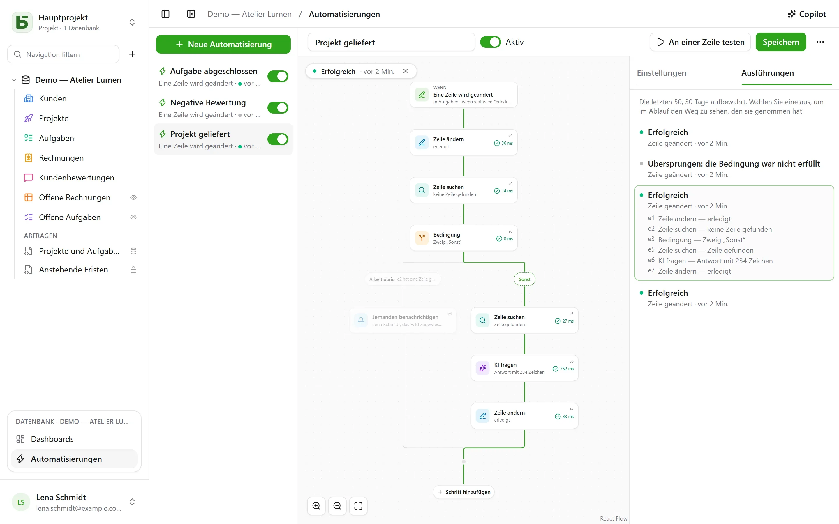 basedb – automatisierungen: Ist eine Aufgabe erledigt, wird gesucht, was vom Projekt noch offen ist; bleibt nichts mehr übrig, verfasst die KI das Abschlusswort, und das Projekt wechselt zu „Ausgeliefert“. Jede Ausführung lässt sich auf dem Ablauf nachlesen, Schritt für Schritt.