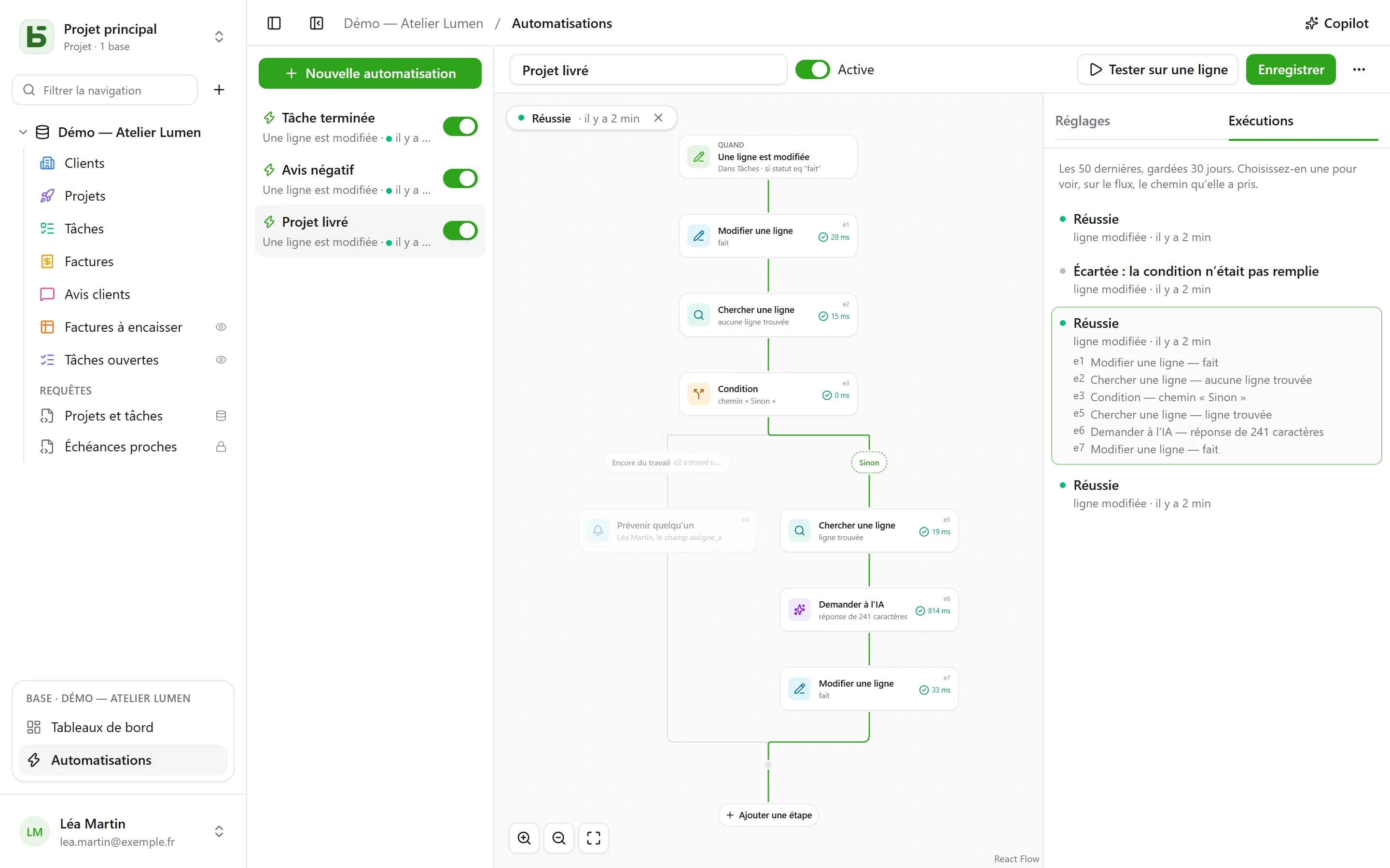 basedb — automatisations : Quand une tâche est faite, chercher ce qui reste du projet ; s’il ne reste rien, l’IA rédige le mot de bilan et le projet passe à « Livré ». Chaque exécution se lit sur le flux, étape par étape.