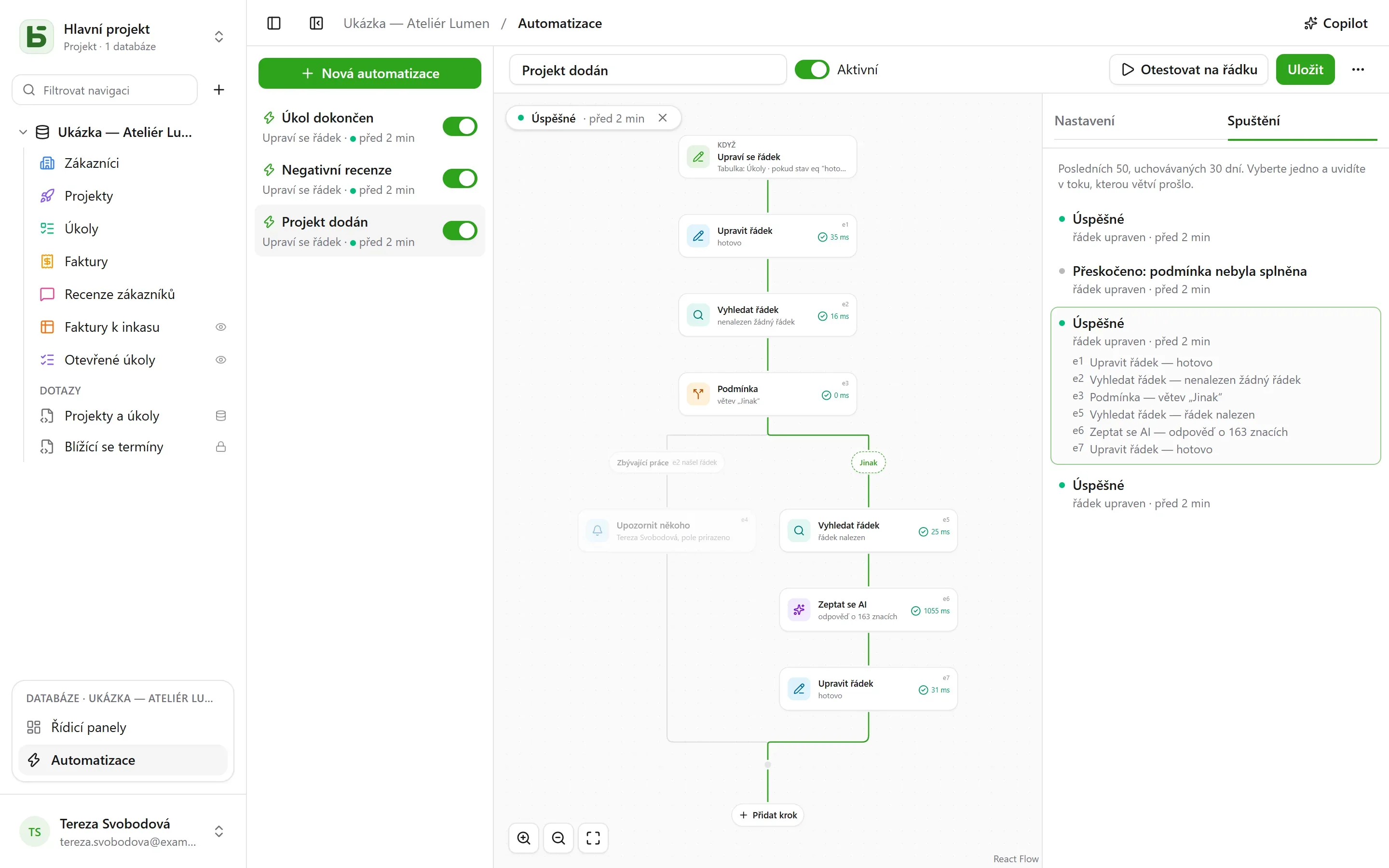 basedb – automatizace: Když je úkol hotový, vyhledat, co z projektu zbývá; pokud nezbývá nic, AI napíše závěrečné slovo a projekt přejde na „Dodáno“. Každé spuštění si projdete přímo v toku, krok za krokem.