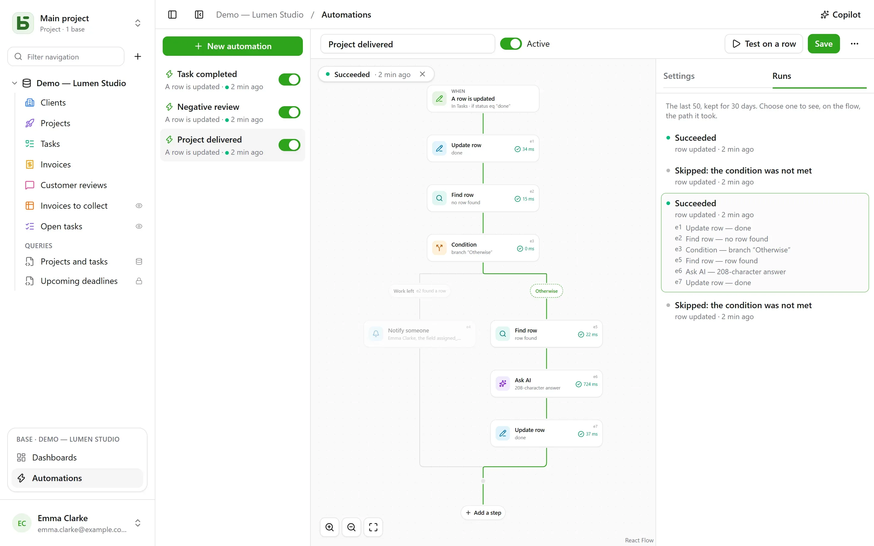 basedb — automations: When a task is done, find what is left of the project; if nothing is, the AI drafts the wrap-up note and the project moves to “Delivered”. Every run can be read on the flow, step by step.
