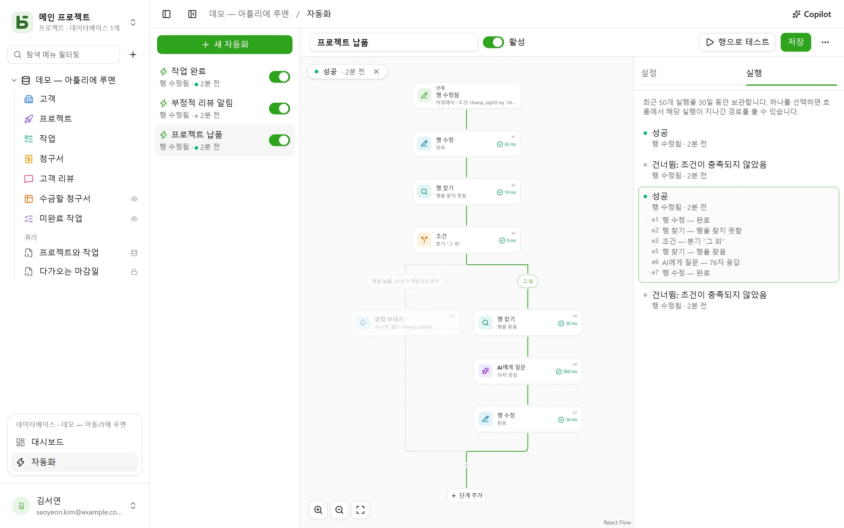 흐름과 그 위에 표시한 실행 하나