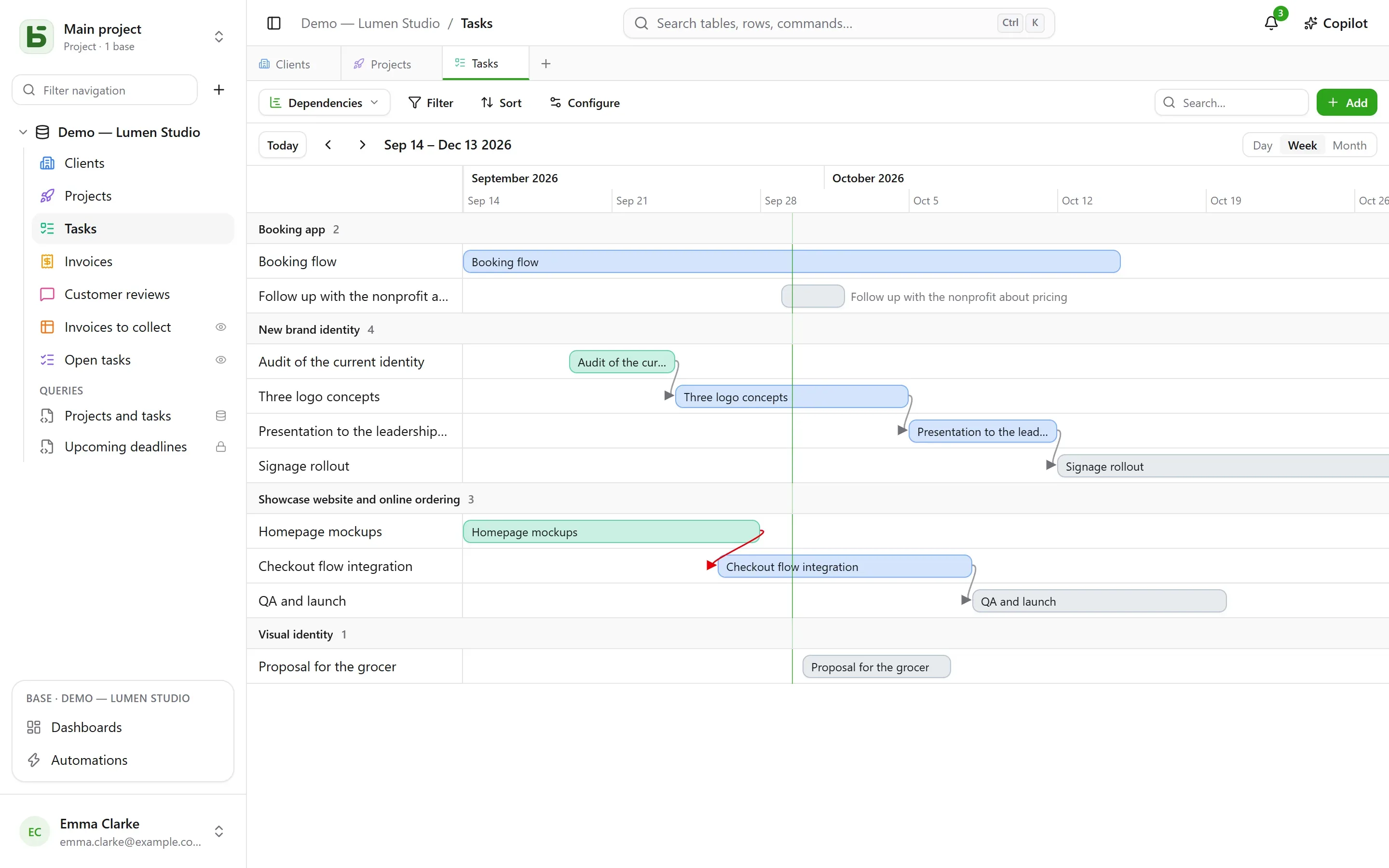 basedb — timeline: Bars between two dates, and arrows for their dependencies — in red when the order no longer holds.