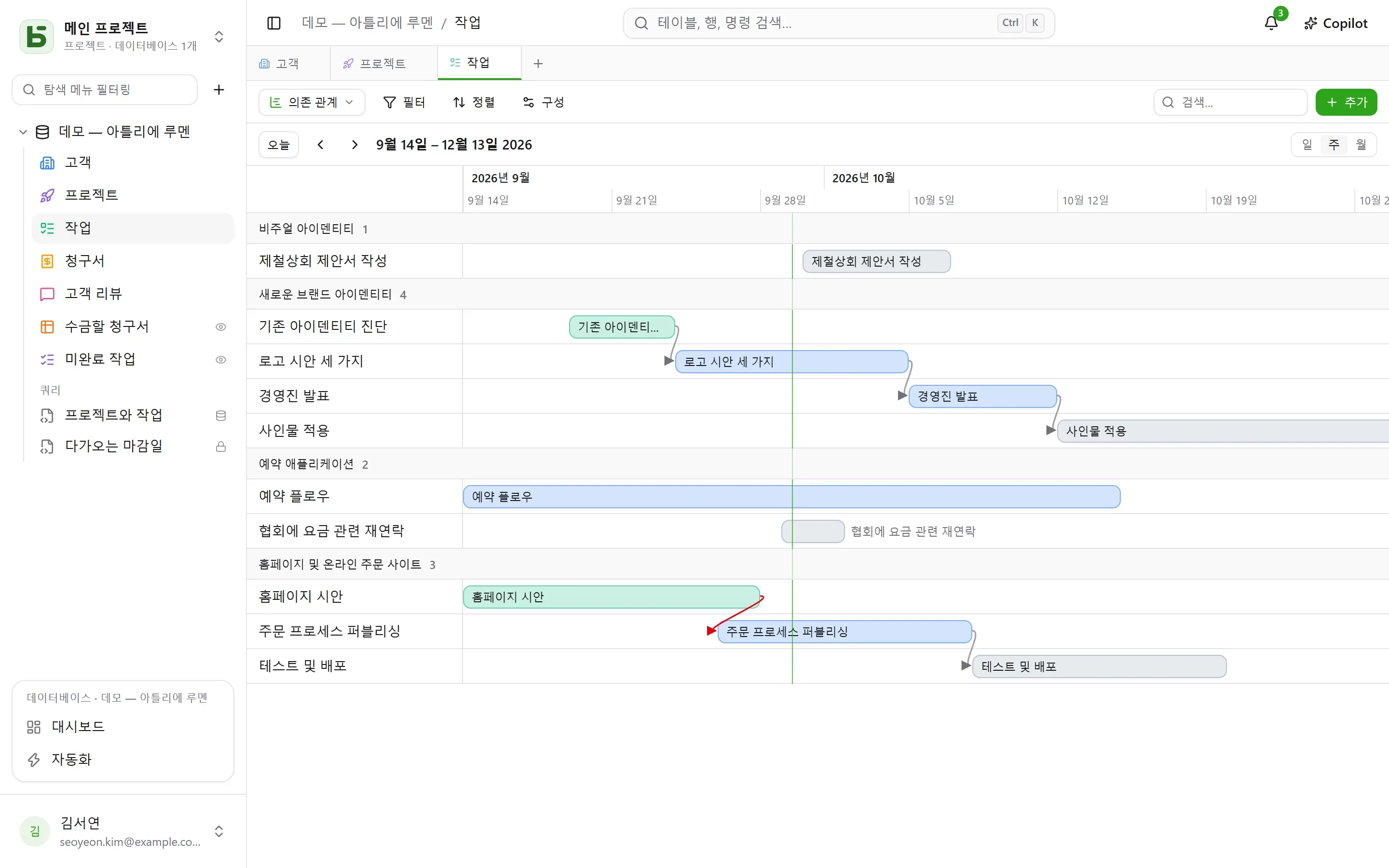 basedb — 타임라인: 두 날짜 사이의 막대와 의존 관계를 잇는 화살표 — 순서가 어긋나면 빨간색으로 바뀝니다.