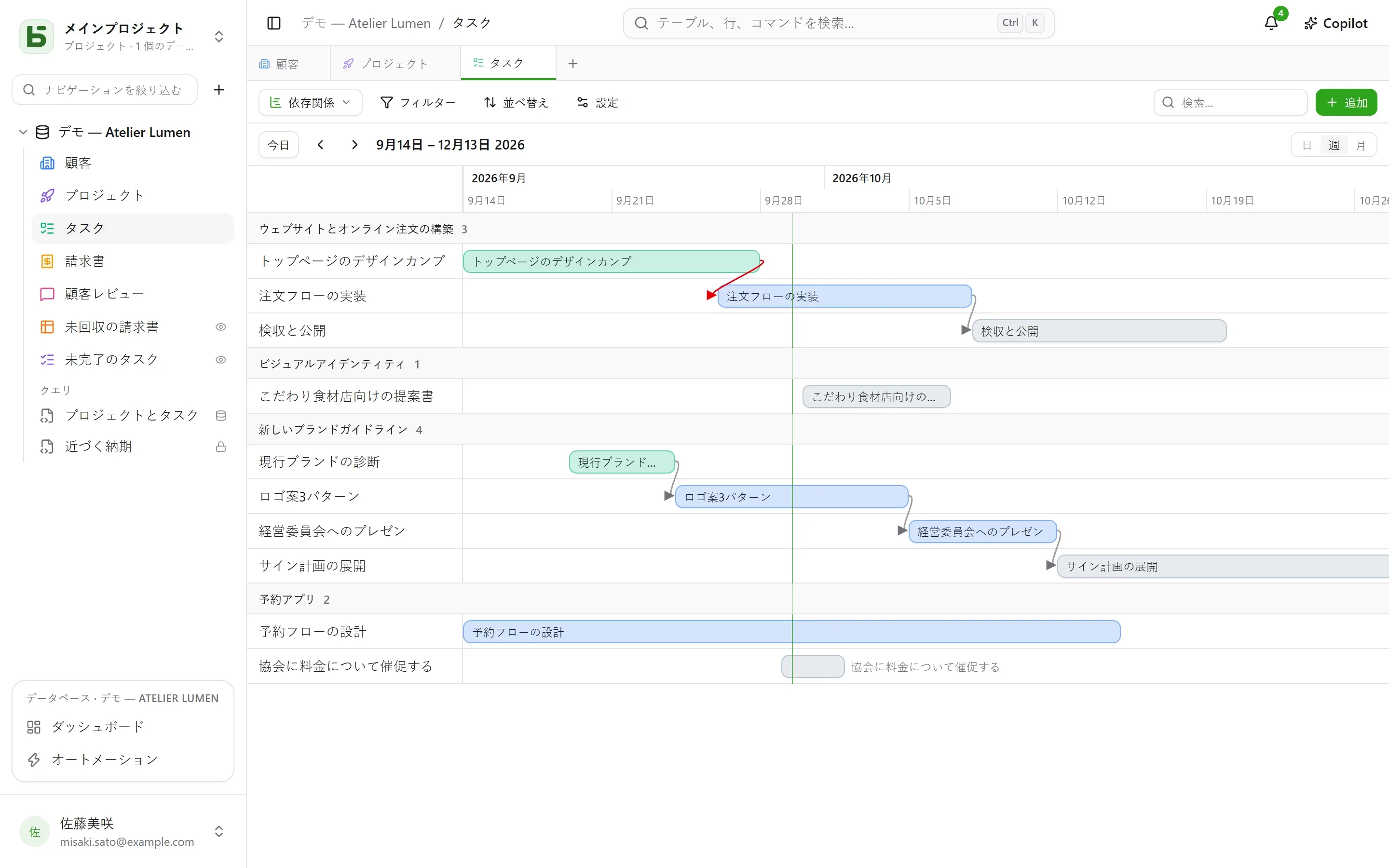basedb — タイムライン：2つの日付の間に伸びるバーと、依存関係を示す矢印。順序が崩れると赤く表示されます。