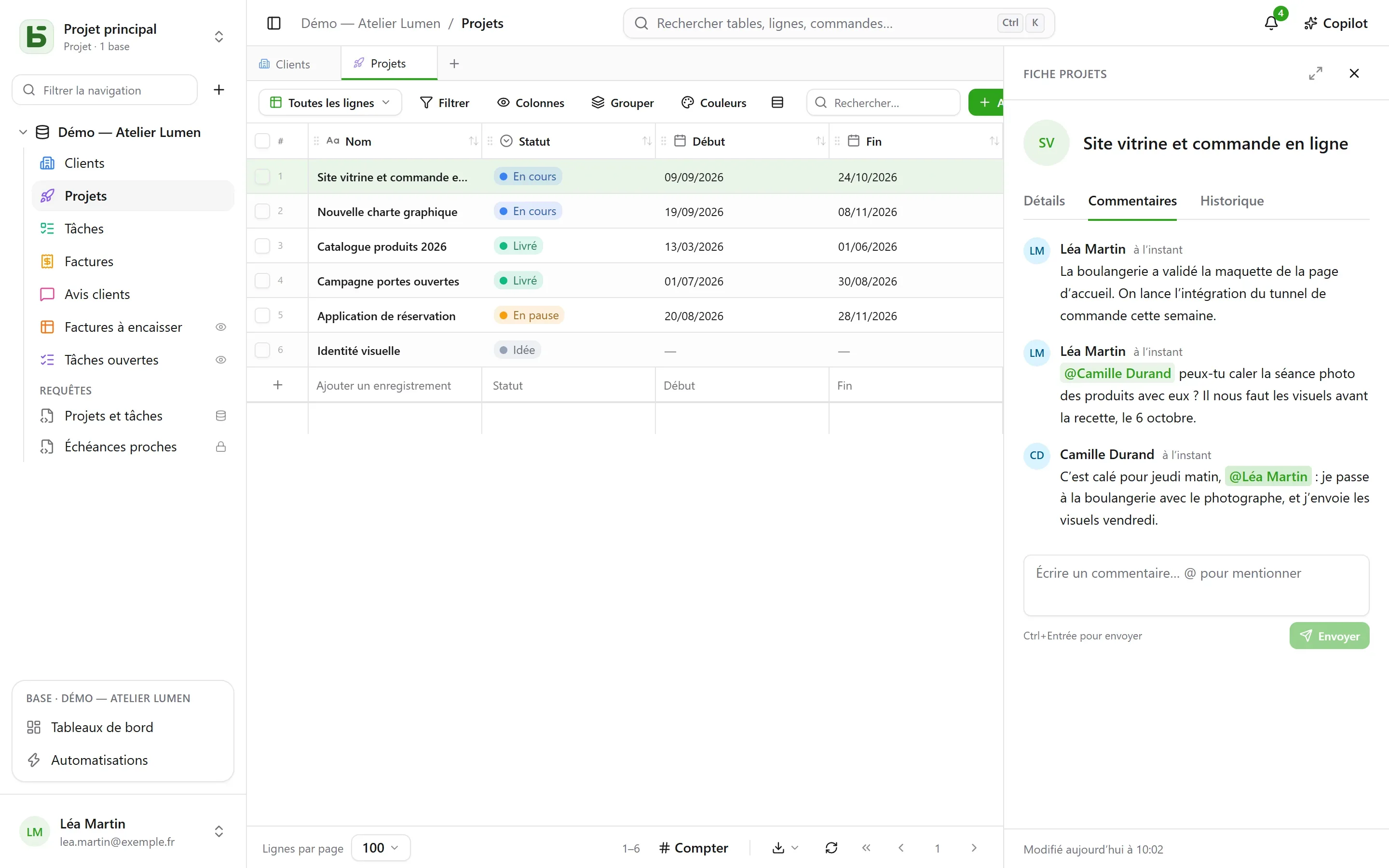basedb — commentaires : On discute d’une ligne là où elle se trouve : commentaires, mentions, notifications.