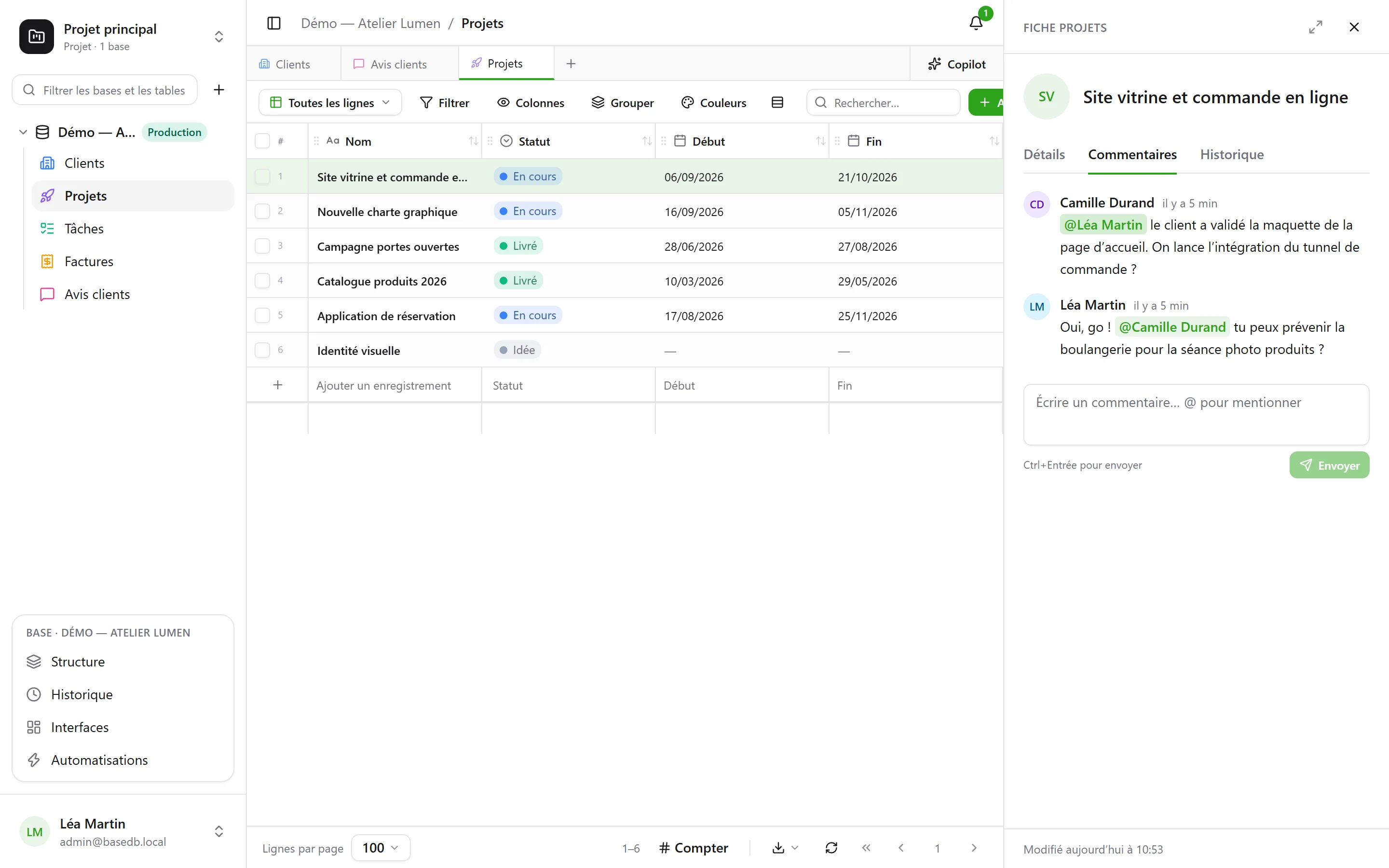 basedb — commentaires : On discute d’une ligne là où elle se trouve : commentaires, mentions, notifications.