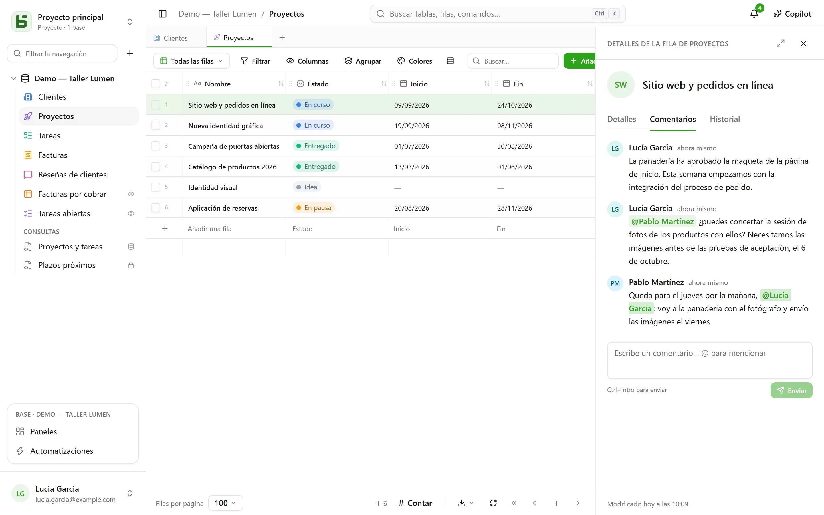 basedb — comentarios: Una fila se comenta allí donde está: comentarios, menciones, notificaciones.