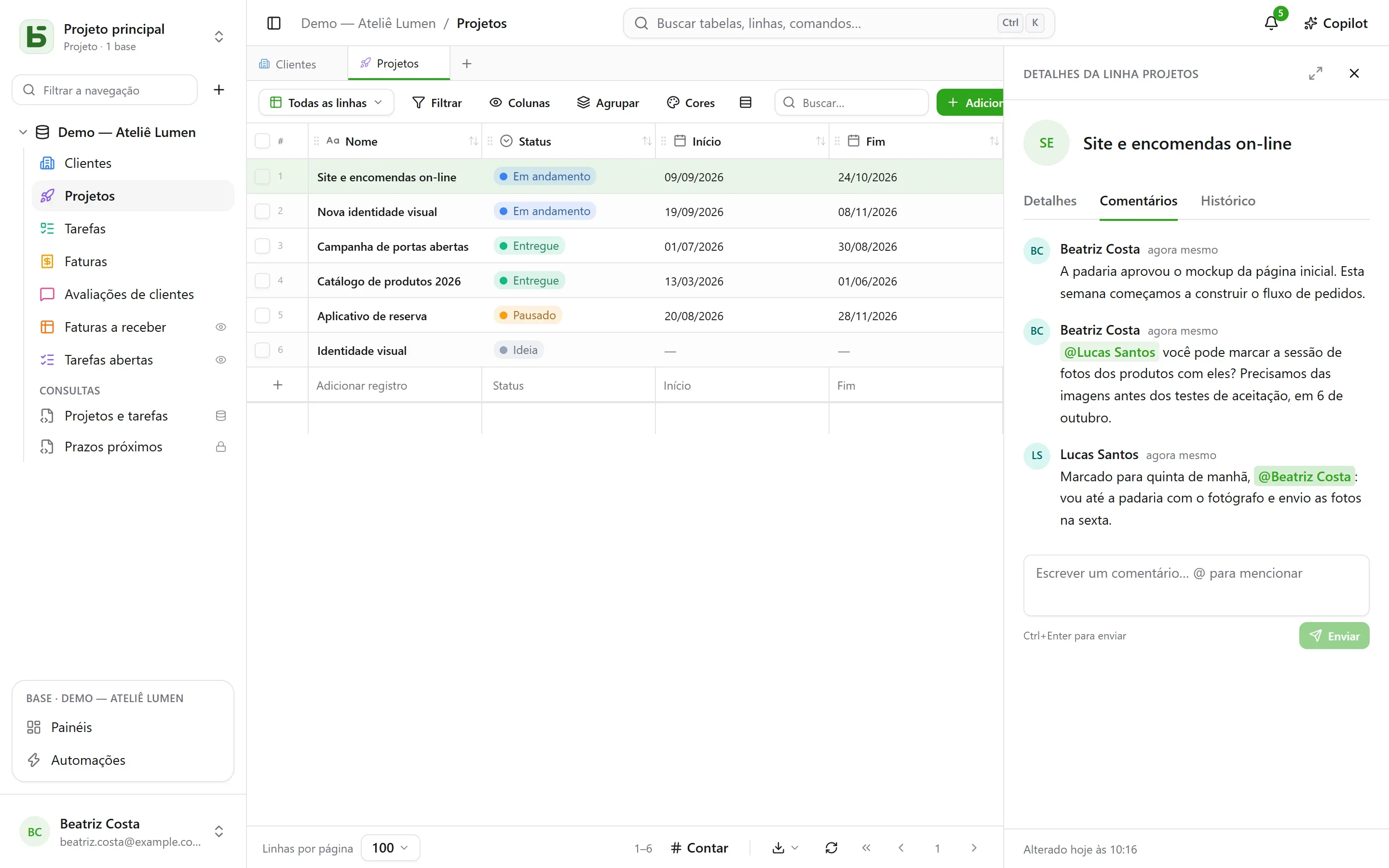 basedb — comentários: A conversa sobre uma linha acontece onde ela está: comentários, menções, notificações.