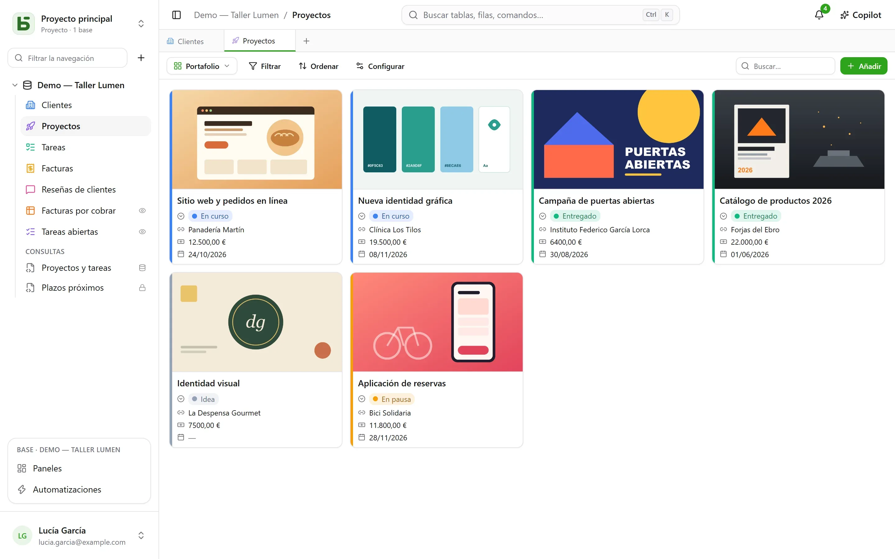 basedb — galería: Tarjetas con su imagen, un color por estado: la galería, una de las ocho formas de leer una tabla.