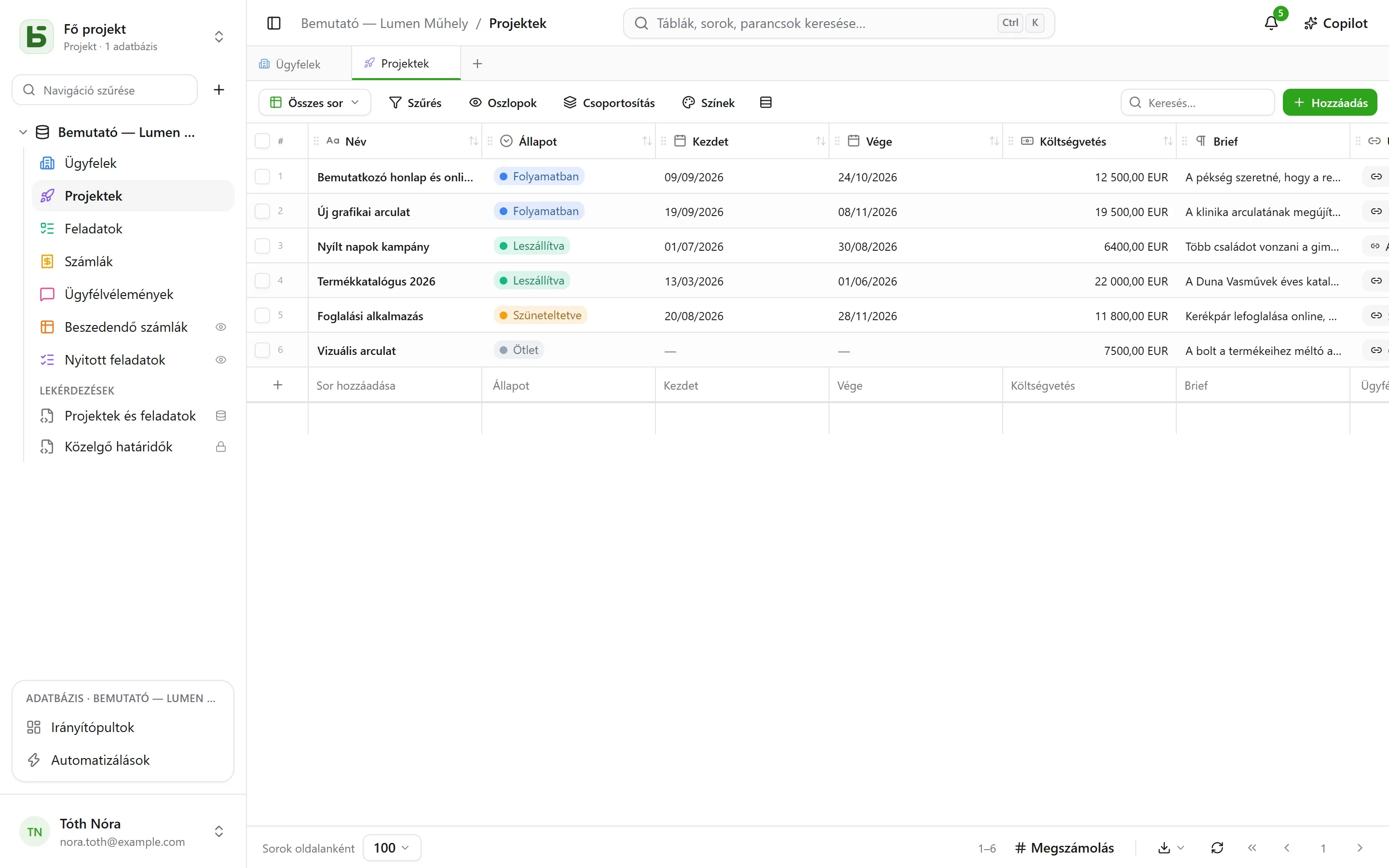 basedb – rács: Egy rács, amely valódi táblába ír – és számított mezők: időtartam képlettel, az ügyfél városa kikereséssel, a feladatok száma darabszámmal.