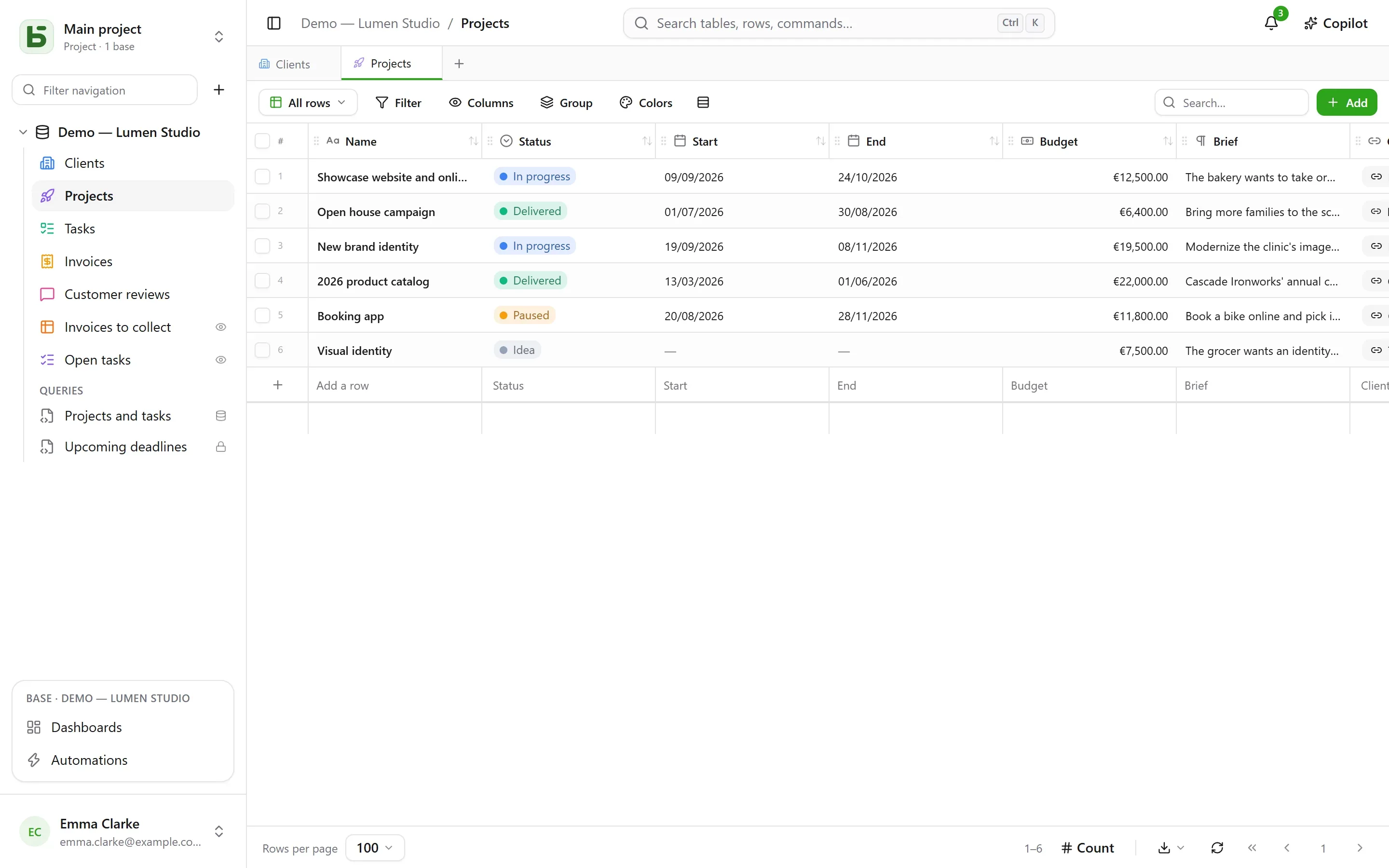 basedb — grid: A grid that writes to a real table — and computed fields: a duration by formula, the client’s city by lookup, the number of tasks by count.