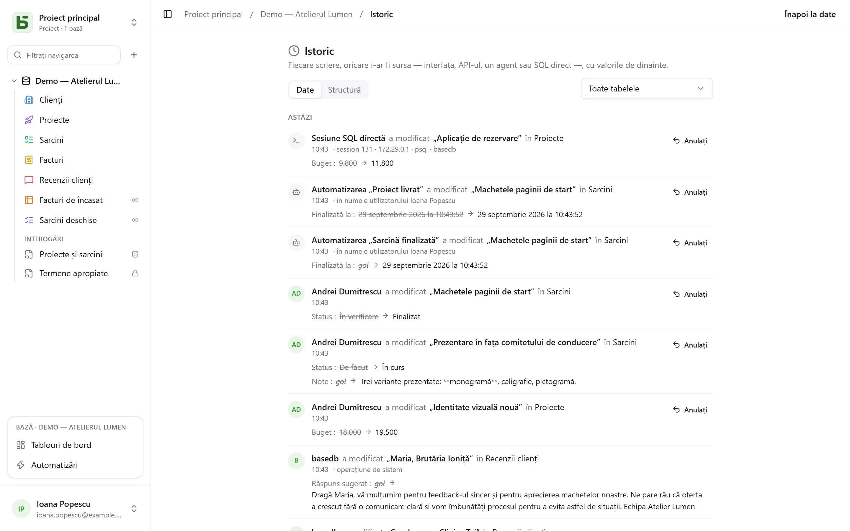 basedb — istoric: Fiecare scriere, oricare i-ar fi sursa — o persoană, o automatizare, SQL direct — cu valorile de dinainte.
