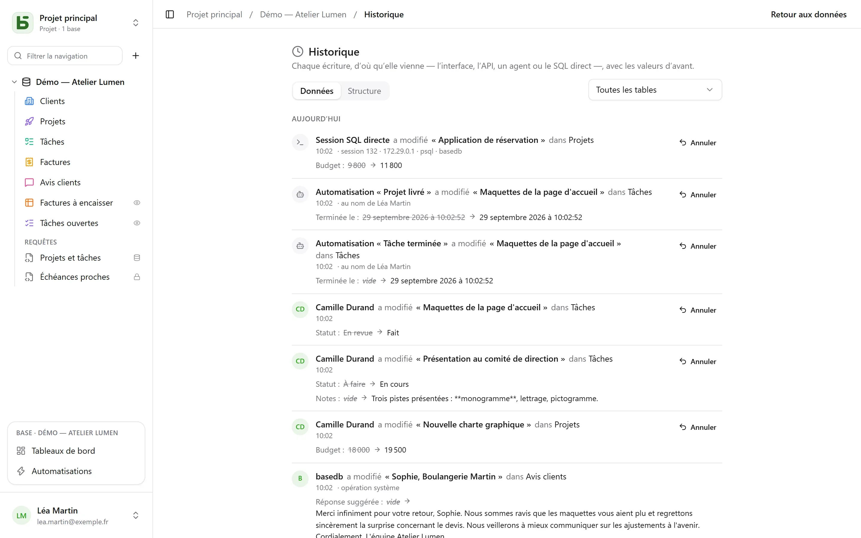 basedb — historique : Chaque écriture, d’où qu’elle vienne — une personne, une automatisation, le SQL direct — avec les valeurs d’avant.