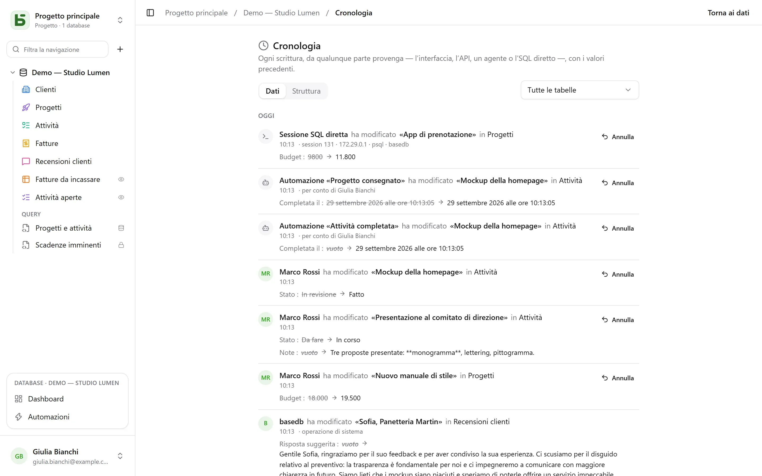 basedb — cronologia: Ogni scrittura, da dovunque arrivi — una persona, un’automazione, l’SQL diretto — con i valori precedenti.