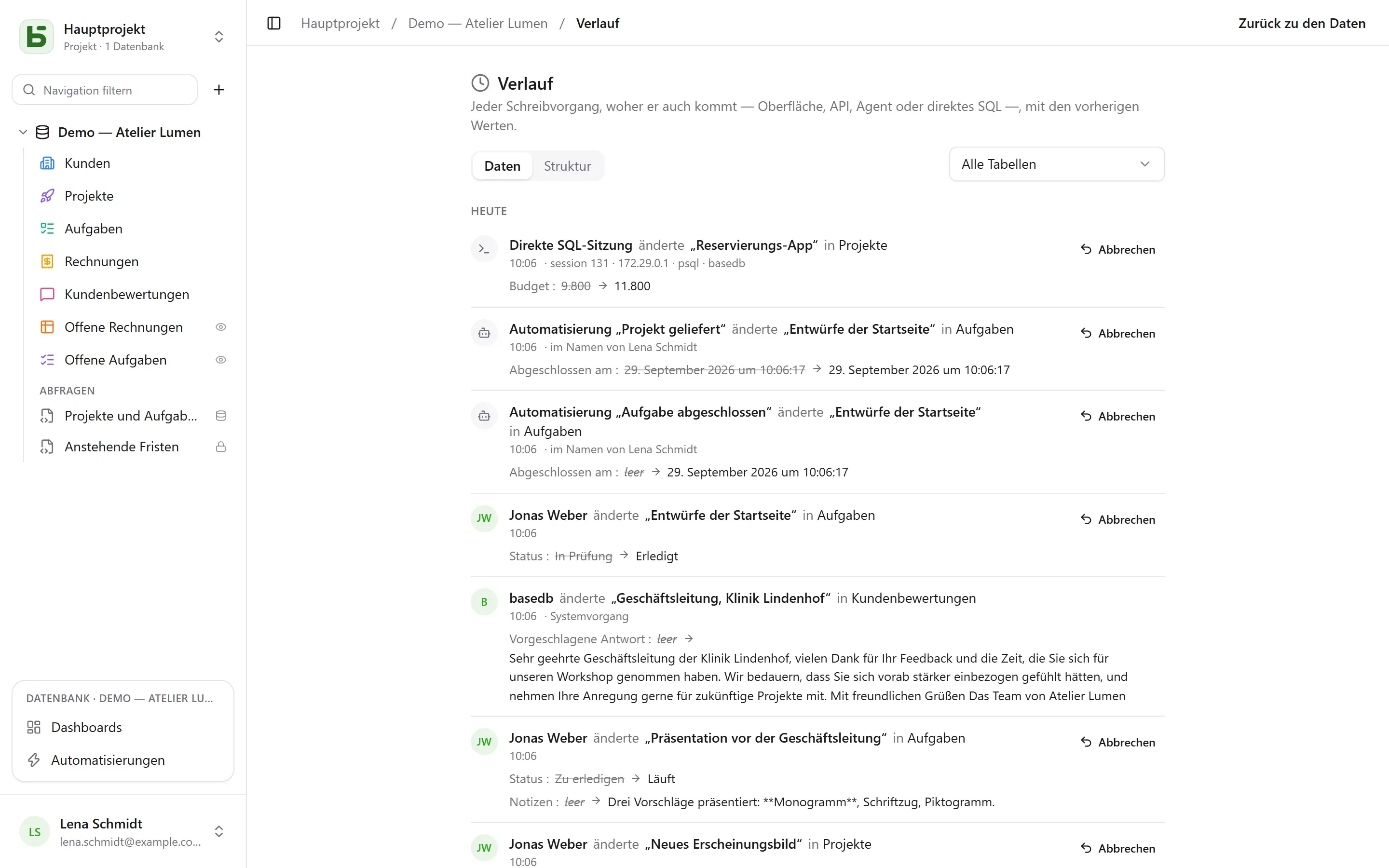 Der Verlauf einer Datenbank