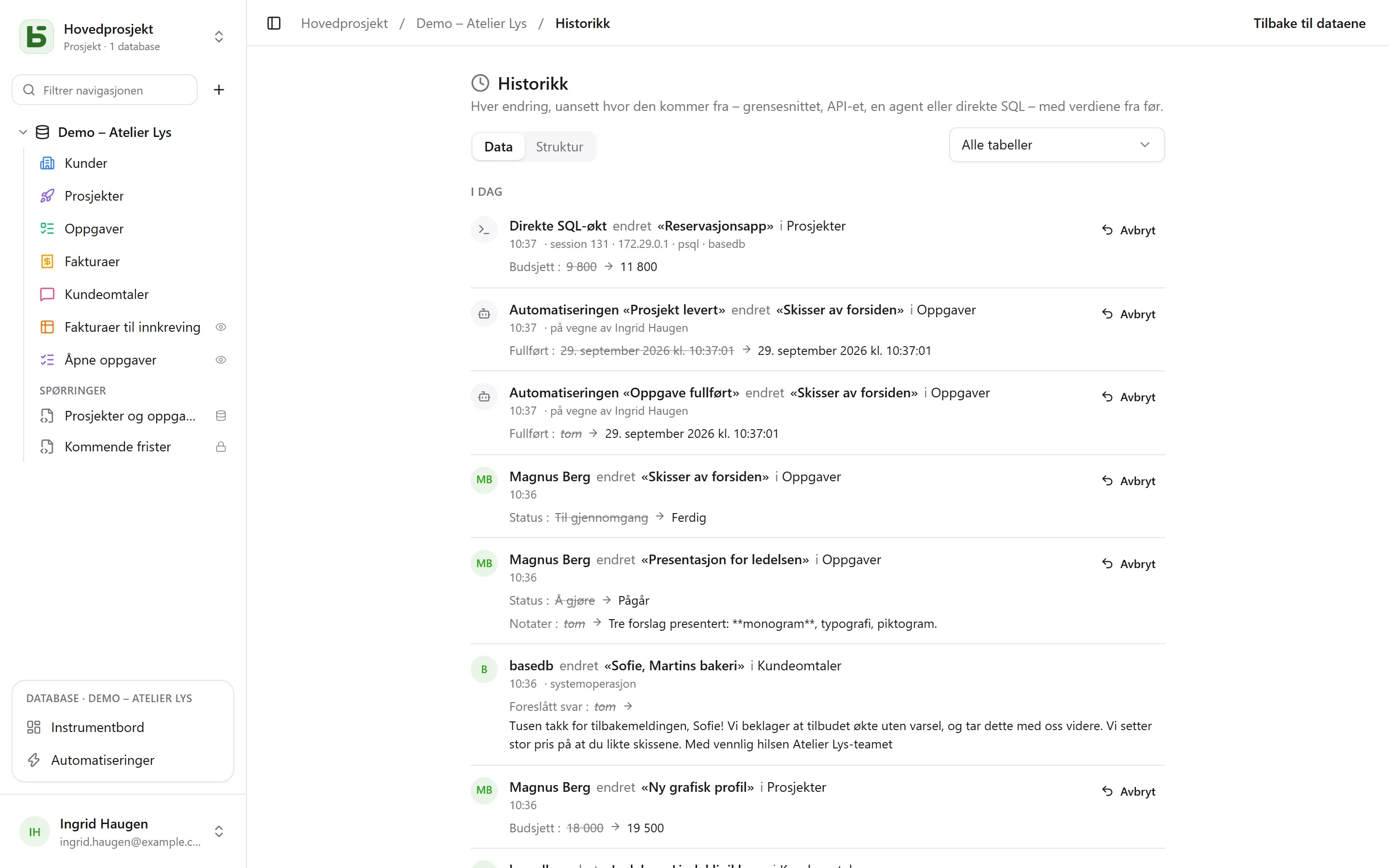 basedb – historikk: Hver skriving, uansett hvor den kommer fra – en person, en automatisering, direkte SQL – med verdiene fra før.