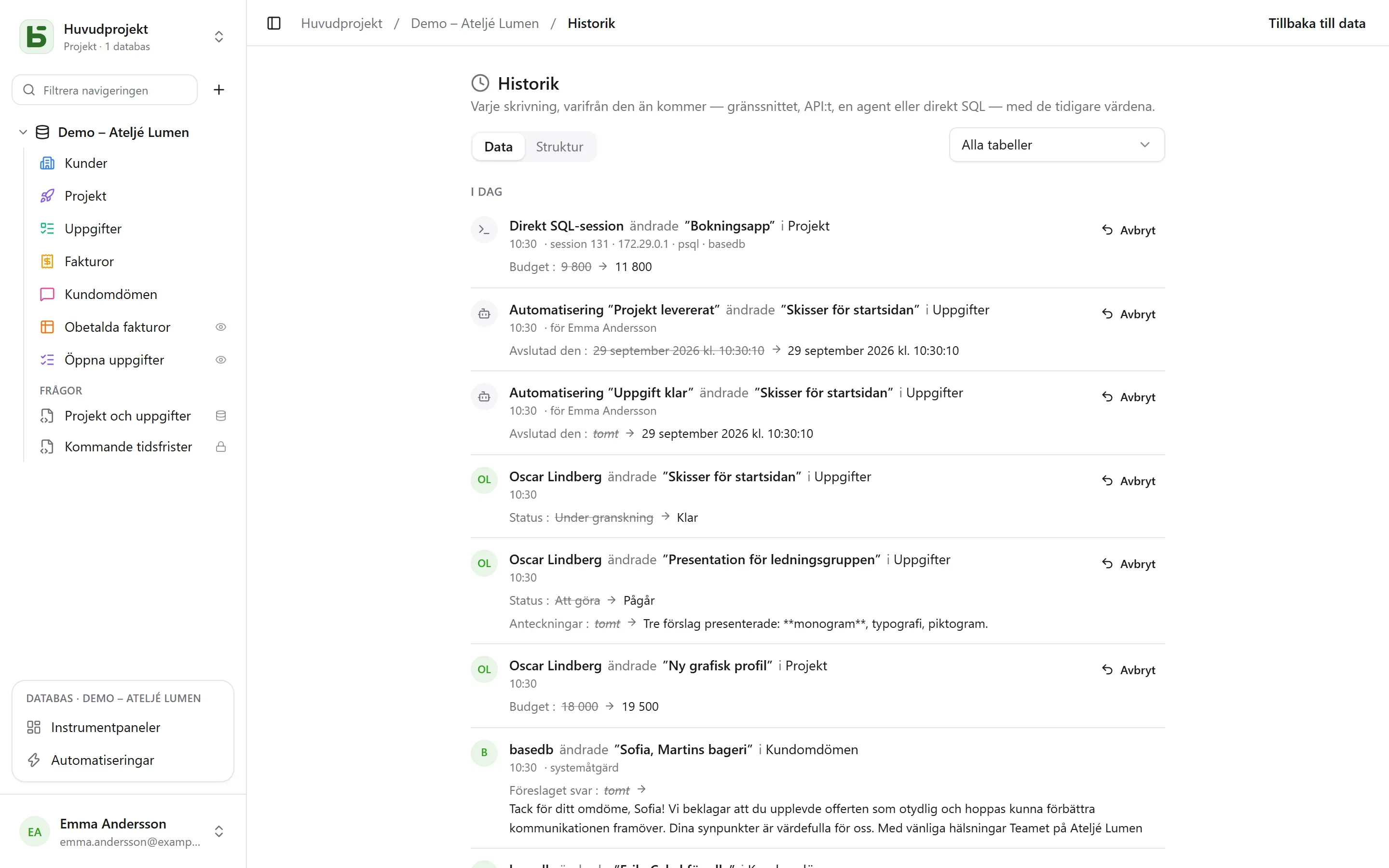 basedb – historik: Varje skrivning, var den än kommer ifrån – en person, en automatisering, direkt SQL – med de tidigare värdena.