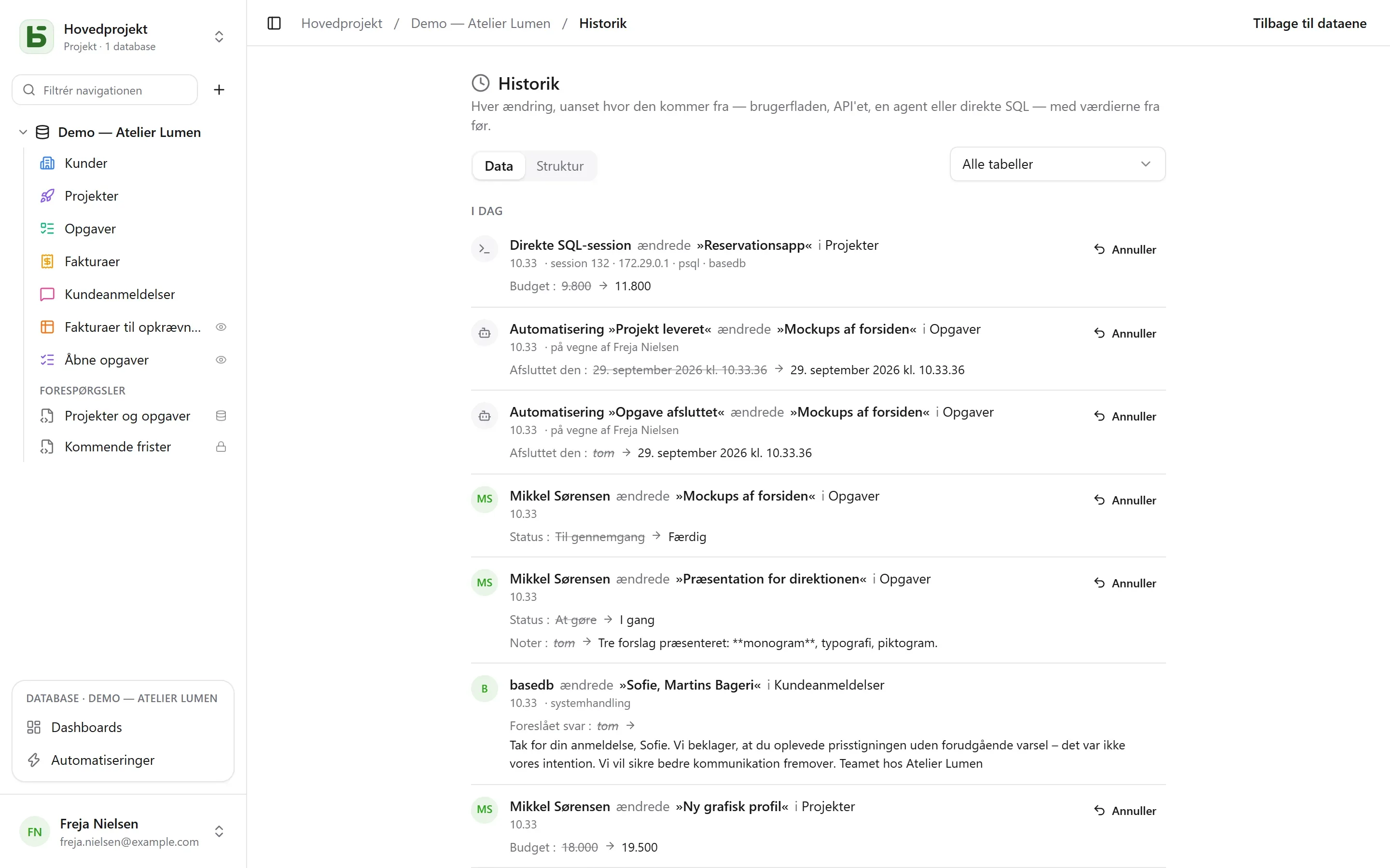 basedb — historik: Hver skrivning, uanset hvor den kommer fra — en person, en automatisering, direkte SQL — med de tidligere værdier.