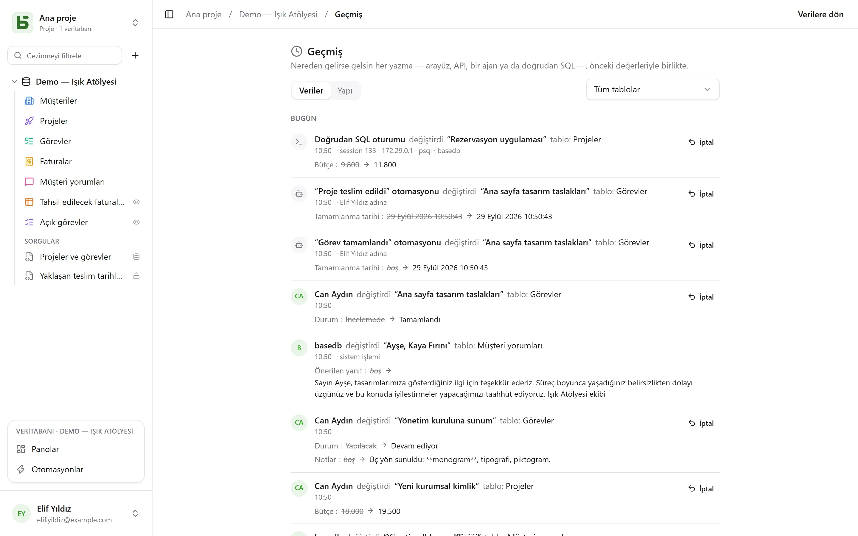 basedb — geçmiş: Nereden gelirse gelsin her yazma — bir kişi, bir otomasyon, doğrudan SQL — önceki değerleriyle birlikte.