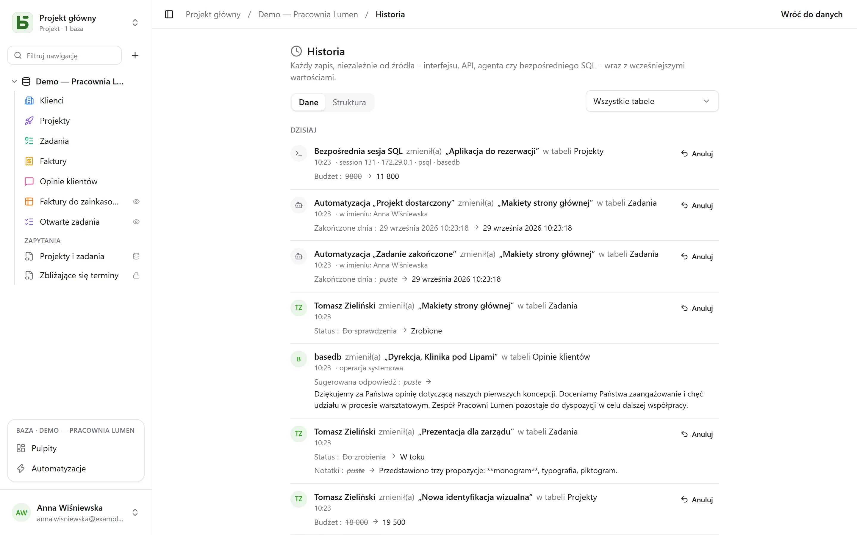 basedb – historia: Każdy zapis, skądkolwiek pochodzi – od osoby, automatyzacji, z bezpośredniego SQL – z poprzednimi wartościami.