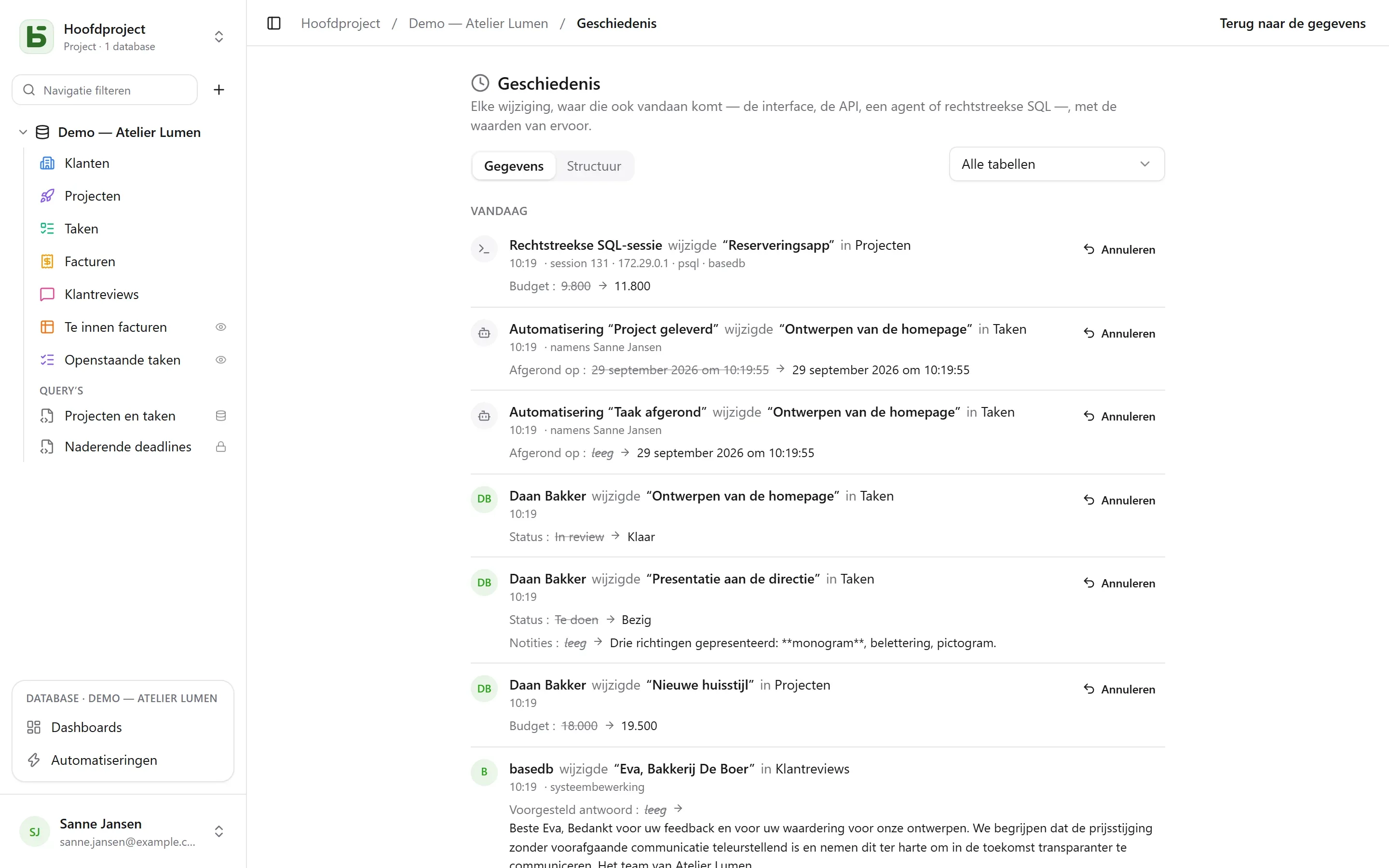 basedb — geschiedenis: Elke schrijfactie, waar ze ook vandaan komt — een persoon, een automatisering, directe SQL — met de waarden van ervoor.