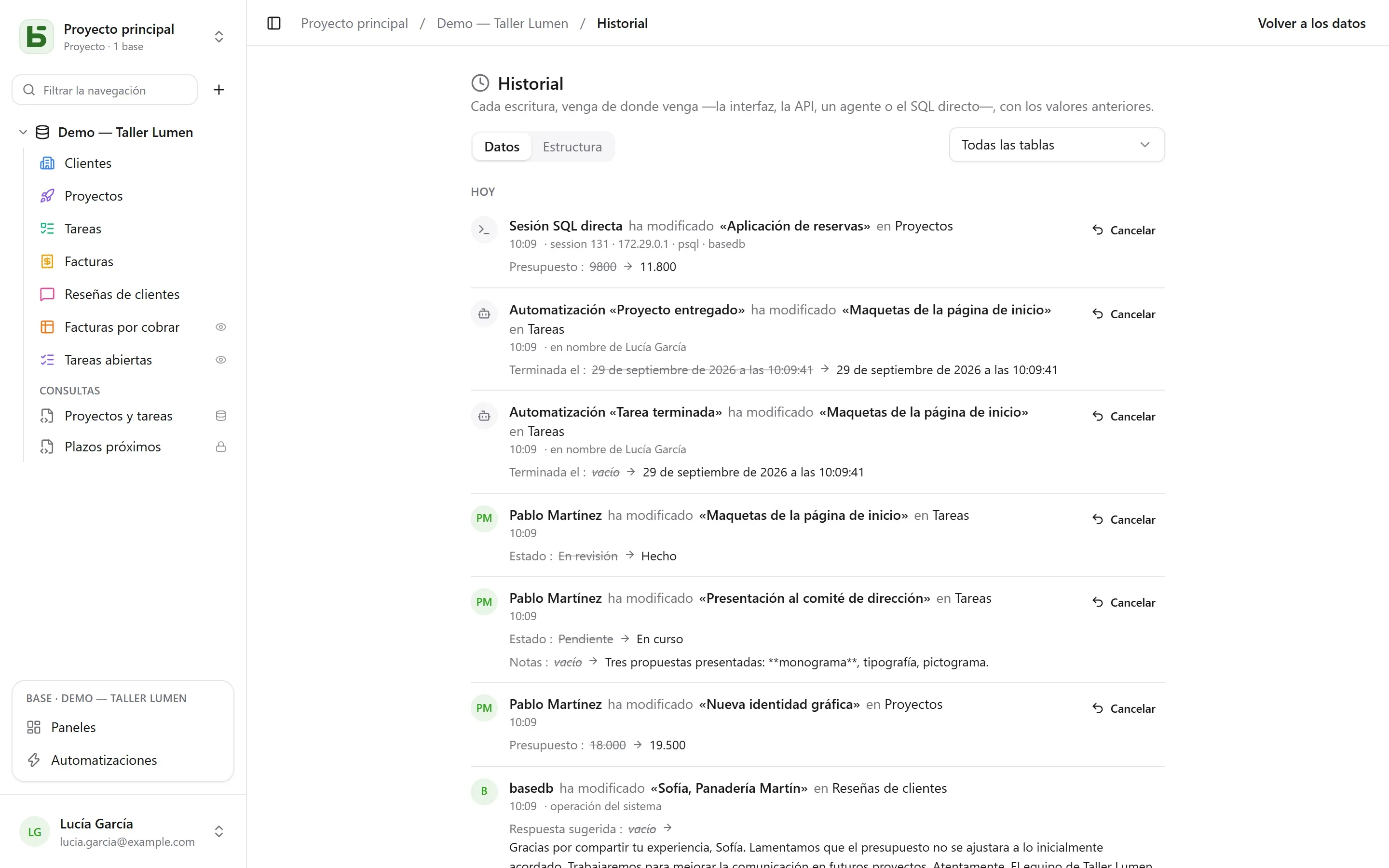 basedb — historial: Cada escritura, venga de donde venga — una persona, una automatización, el SQL directo — con los valores anteriores.