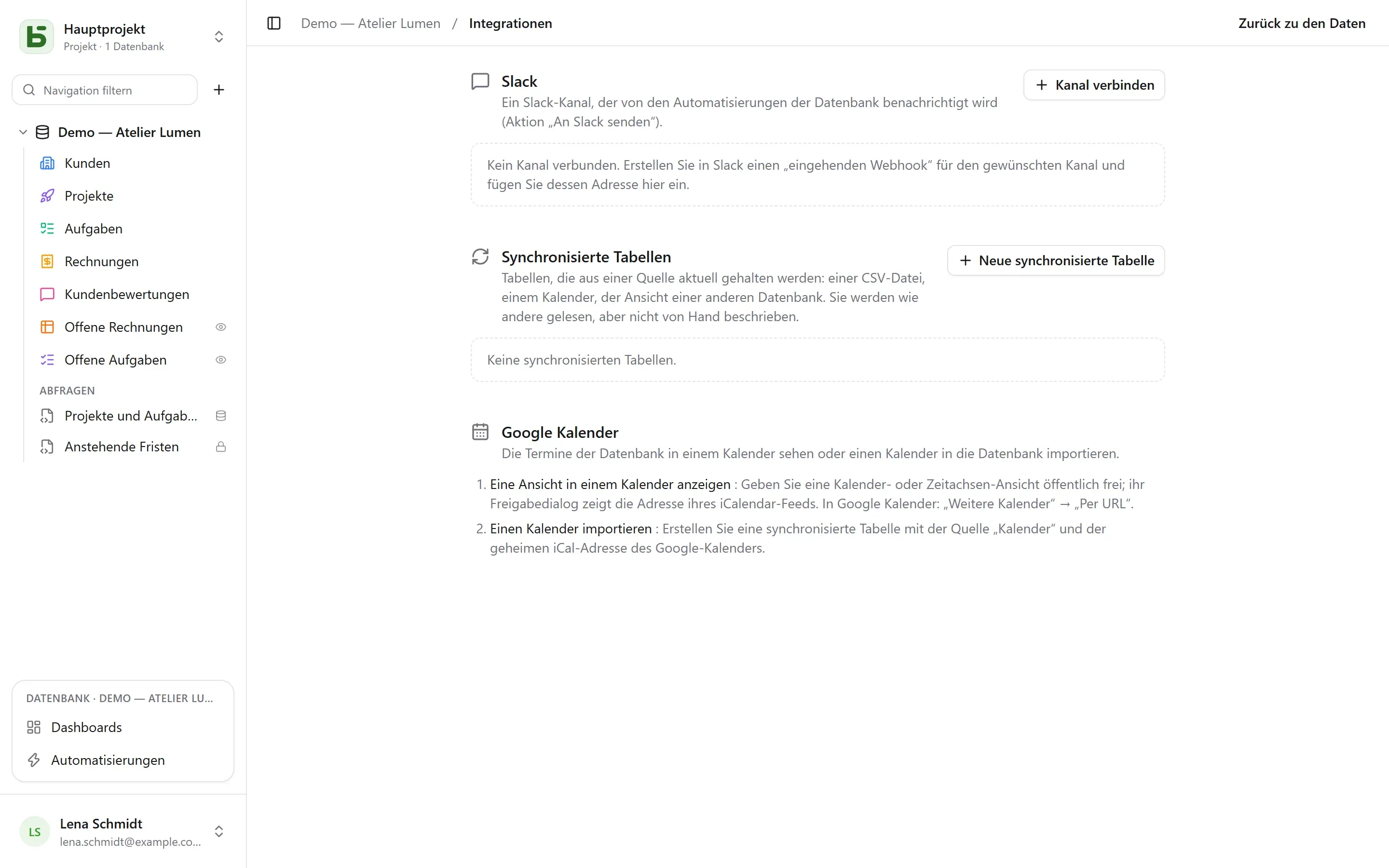Der Bildschirm Integrationen einer Datenbank