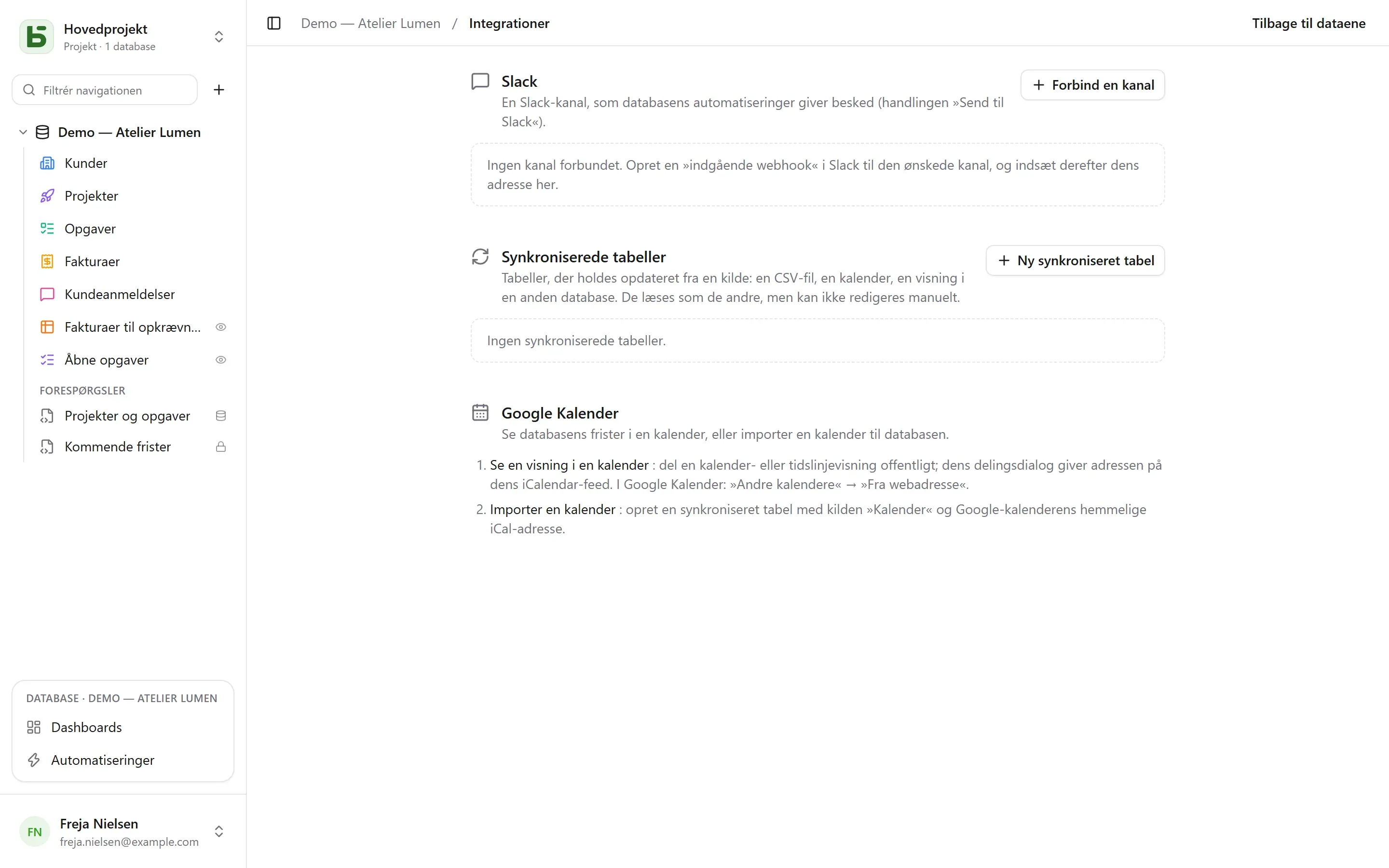 Skærmen Integrationer for en database
