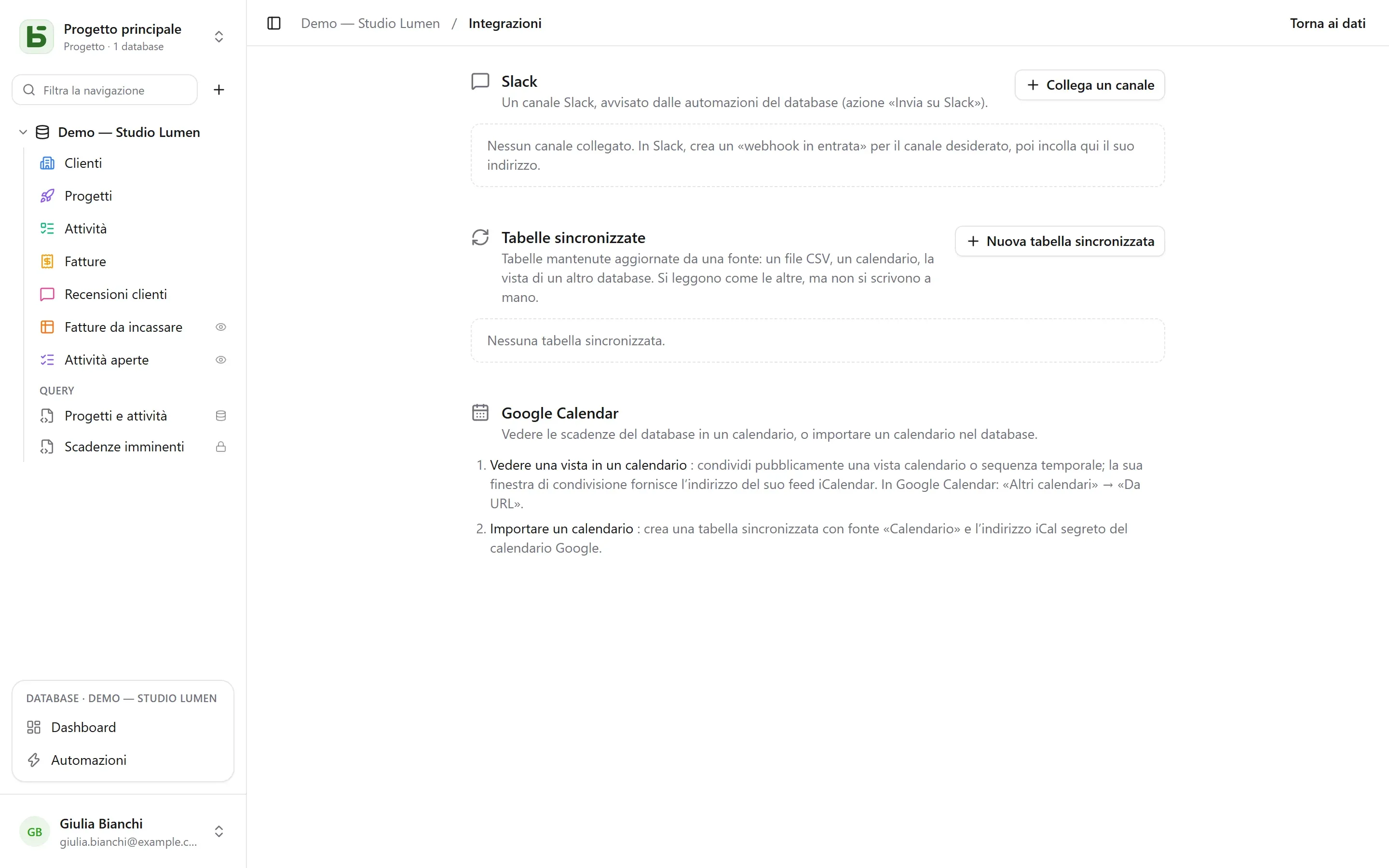 La schermata Integrazioni di un database