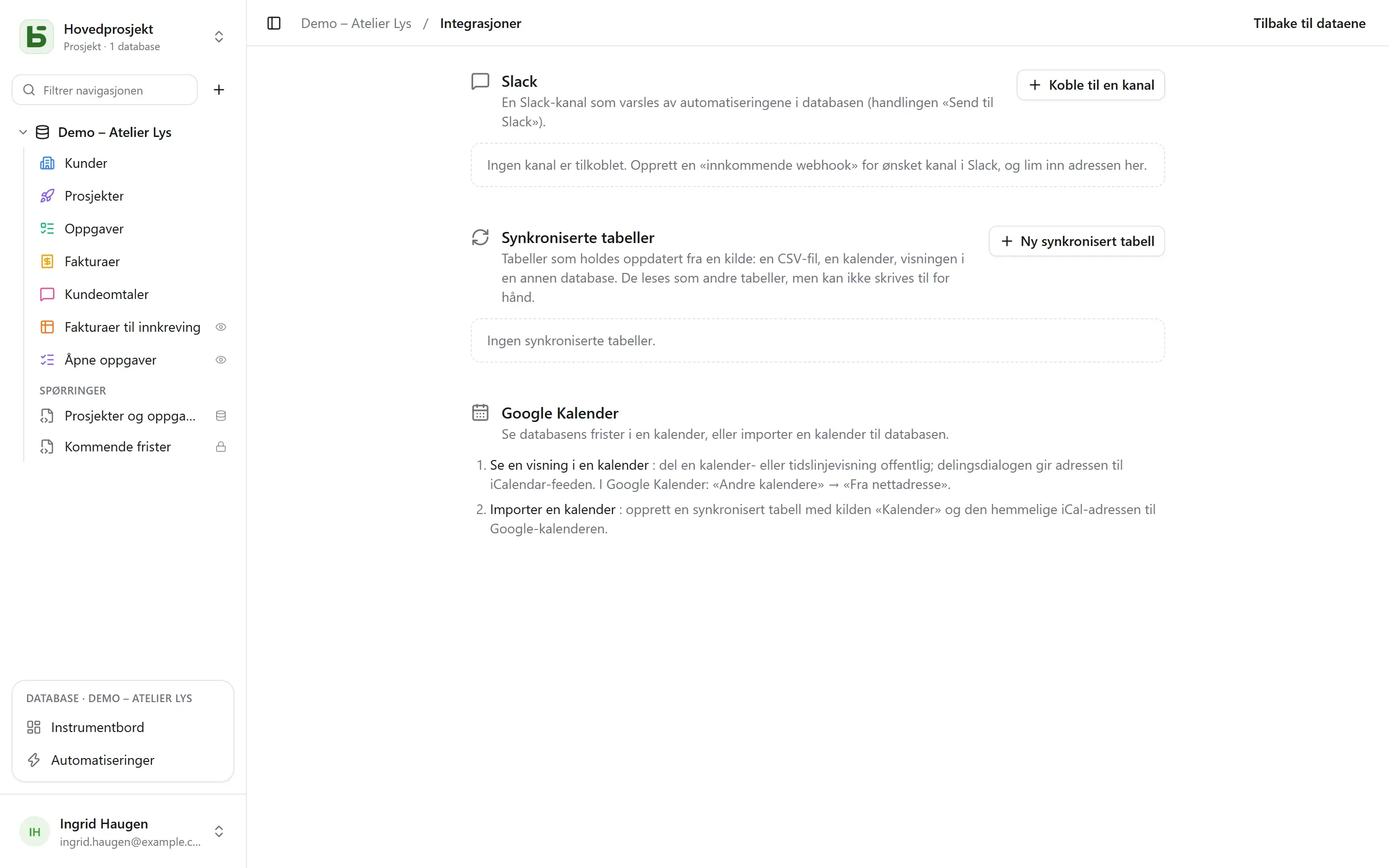 Integrasjoner-skjermen for en database