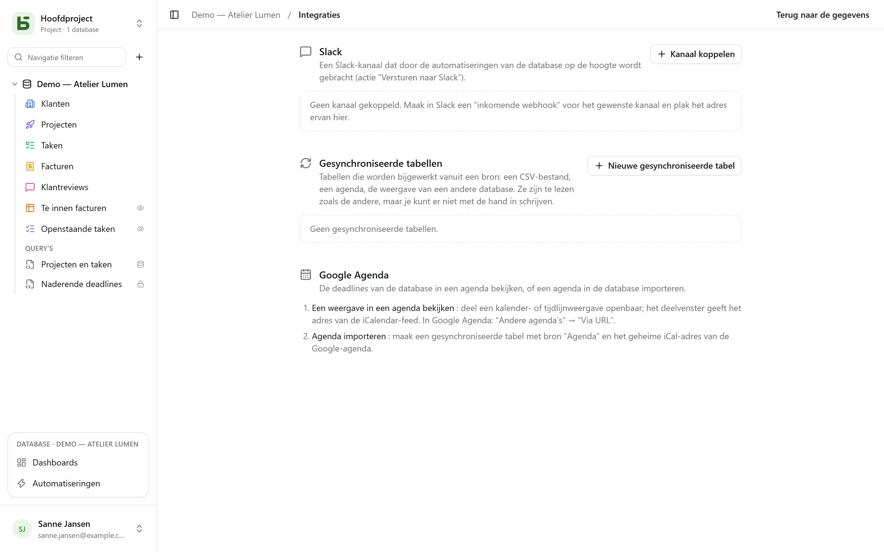 Het scherm Integraties van een database