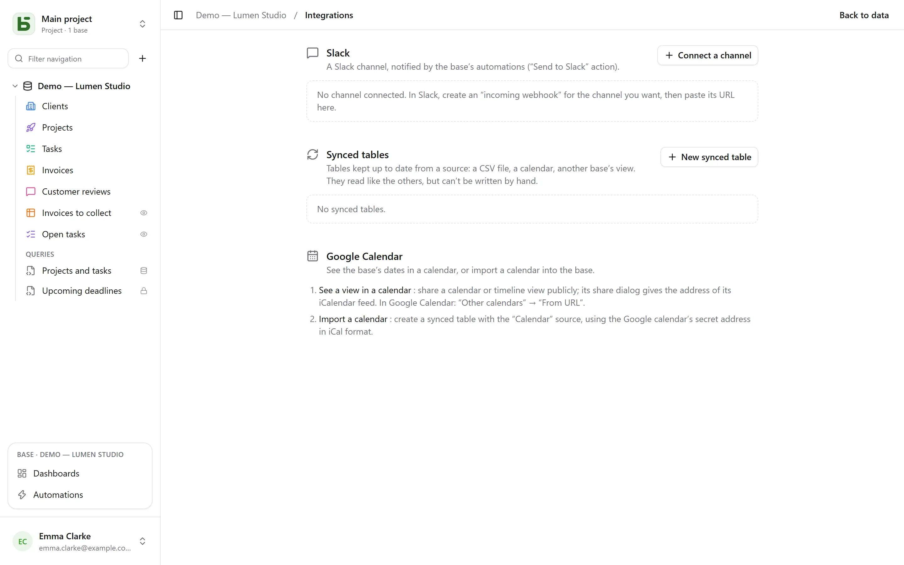 A base’s Integrations screen