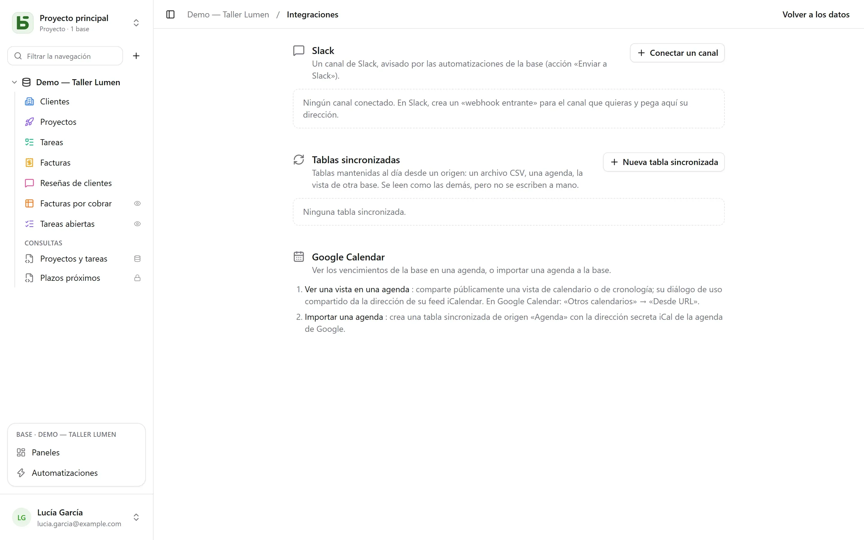 La pantalla Integraciones de una base