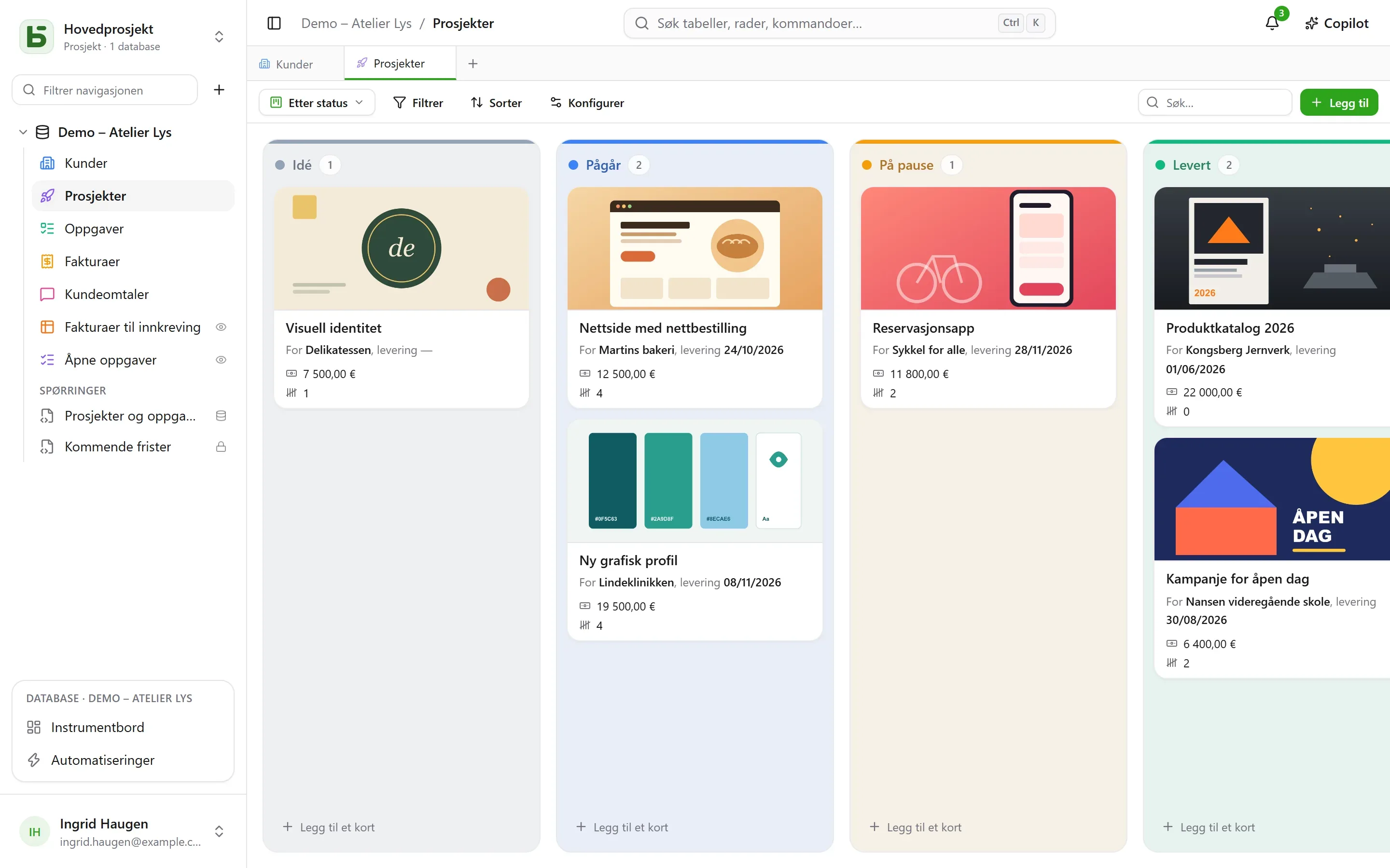 basedb – kanban: De samme radene i kolonner, etter et enkeltvalgfelt: et forsidebilde, en beskrivelse som refererer til raden. Å dra et kort er å endre raden.