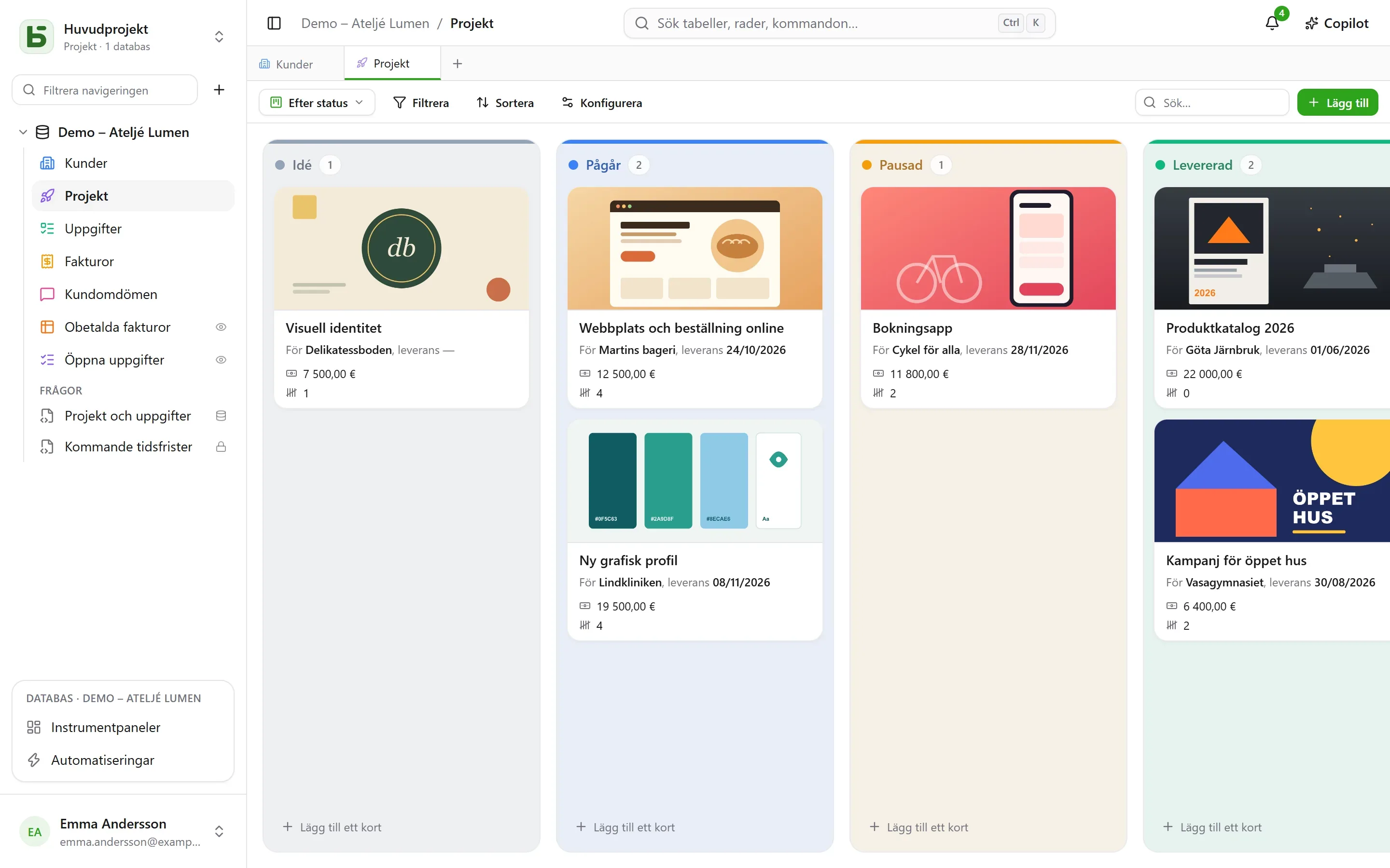 basedb – kanban: Samma rader i kolumner, efter ett enkelval: en omslagsbild, en beskrivning som citerar raden. Att dra ett kort är att ändra raden.