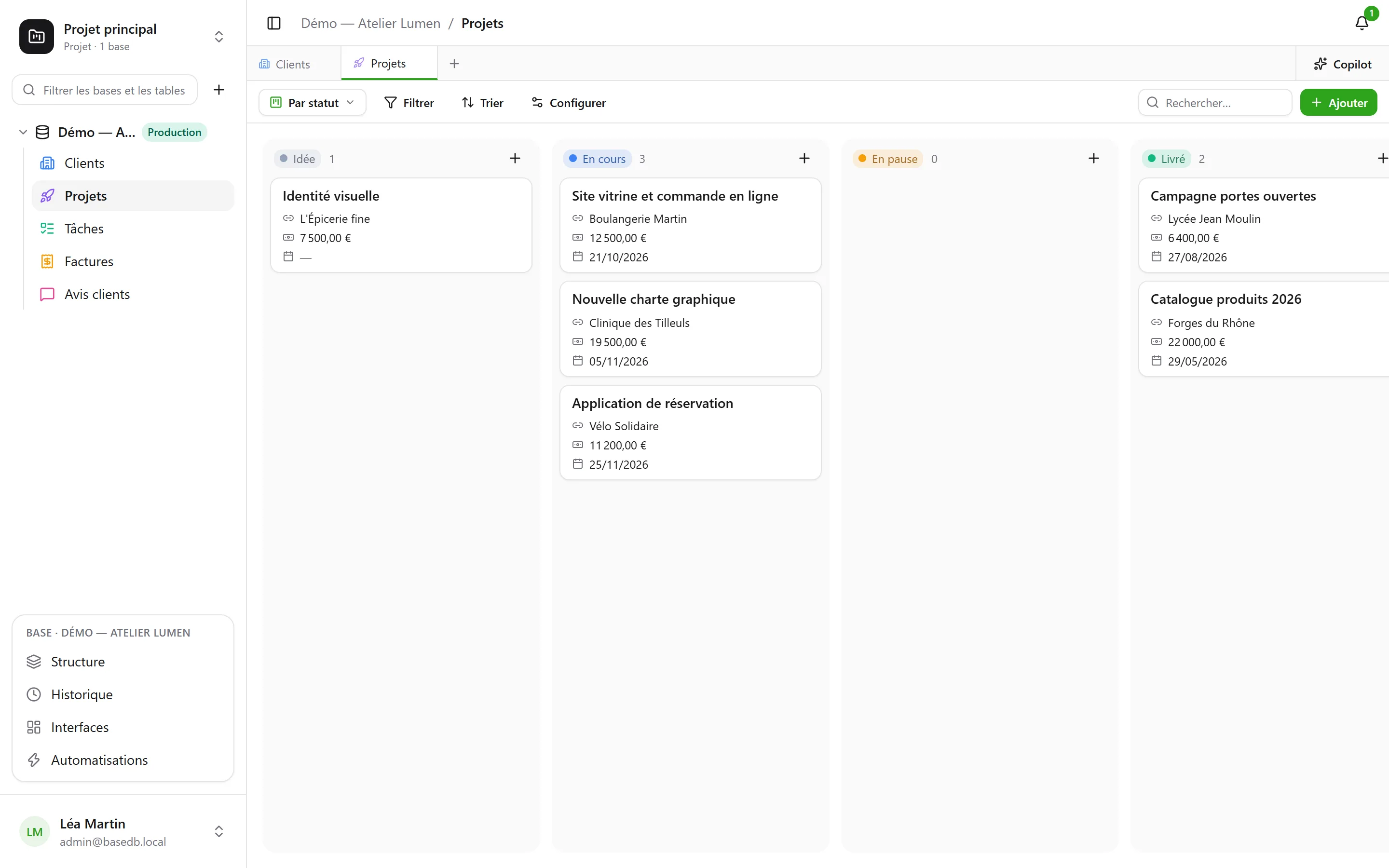 basedb — kanban : Les mêmes lignes en colonnes, selon une liste de choix. Glisser une carte, c’est modifier la ligne.