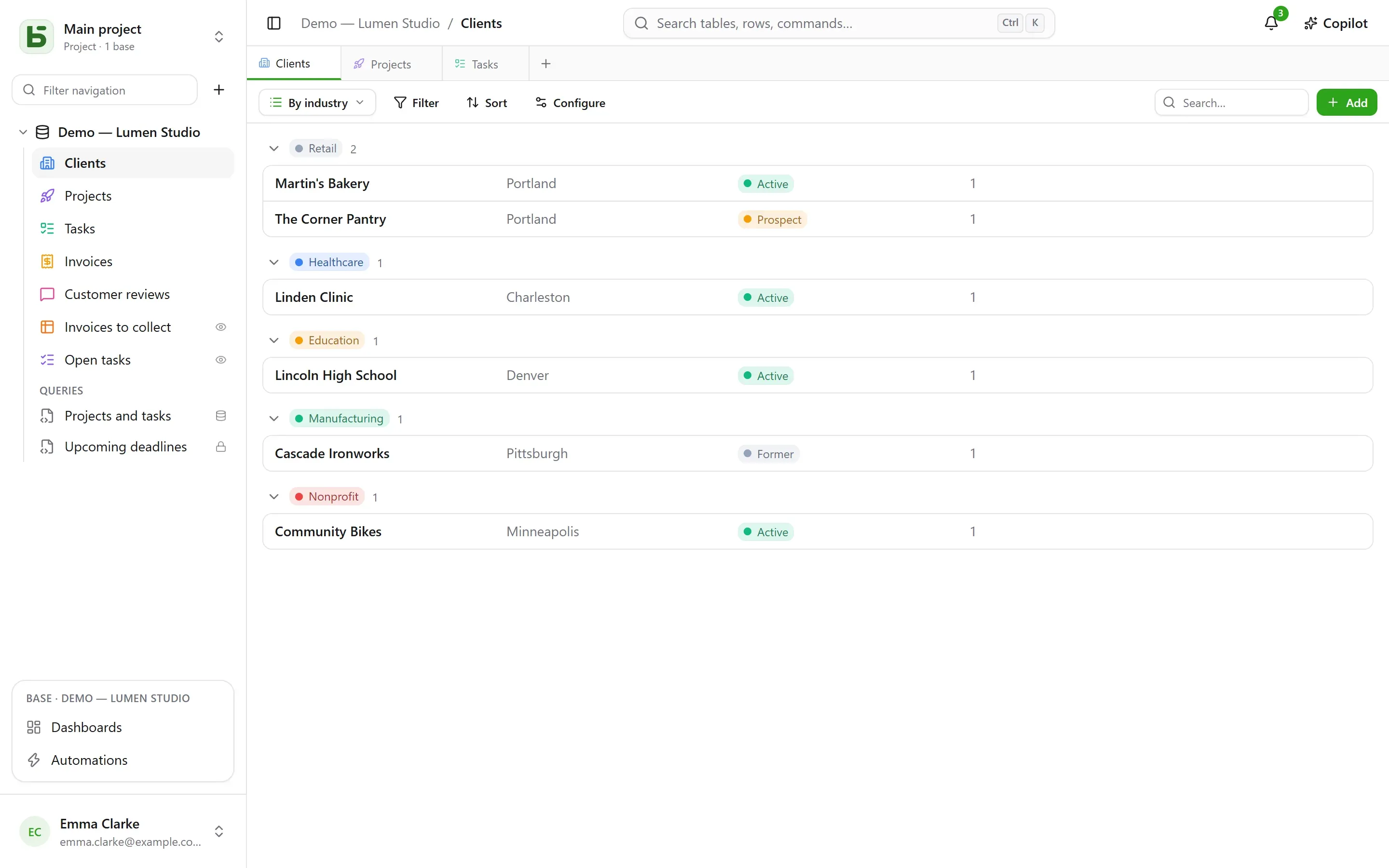 A list of clients, grouped by sector