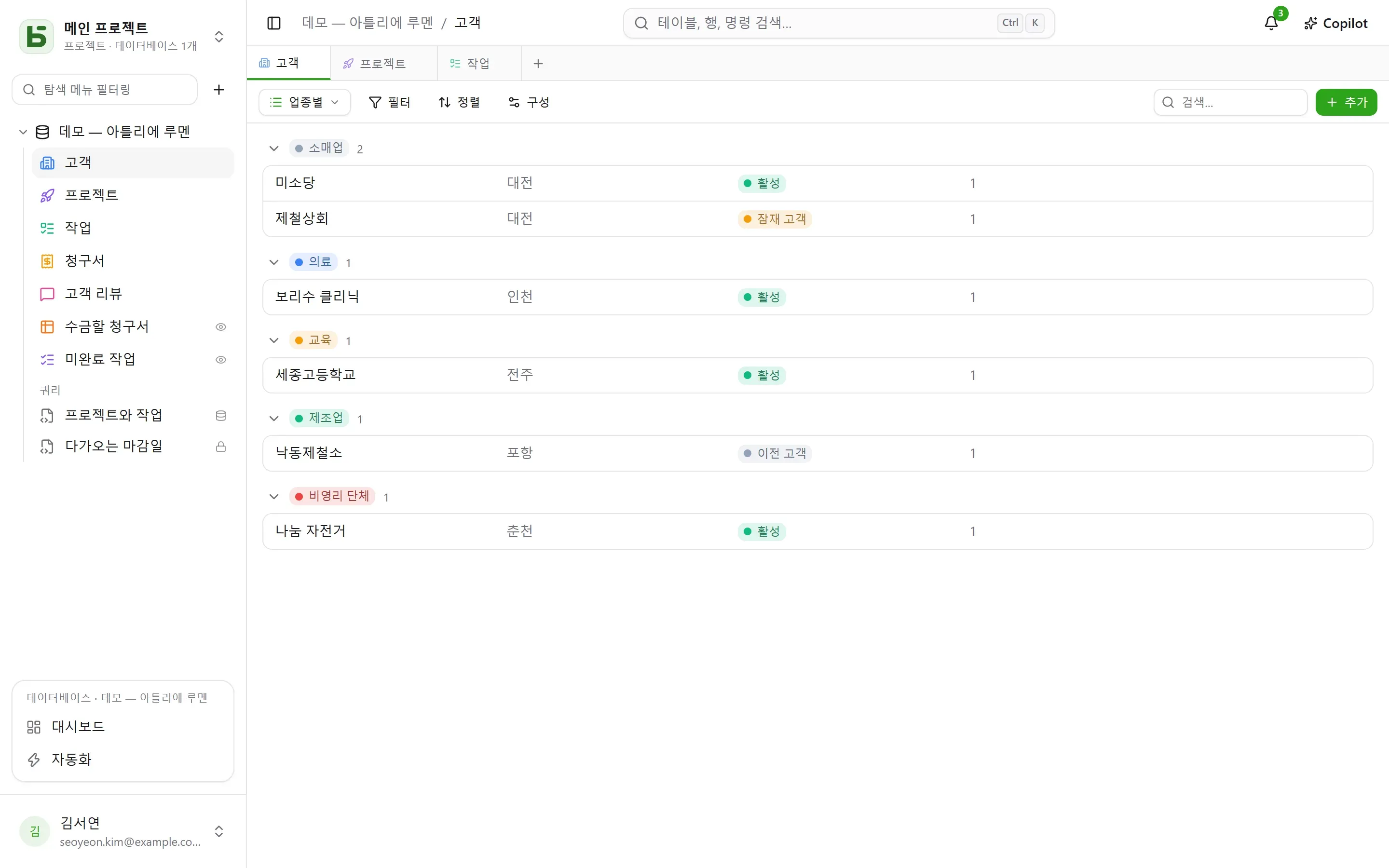 업종별로 그룹화한 고객 목록