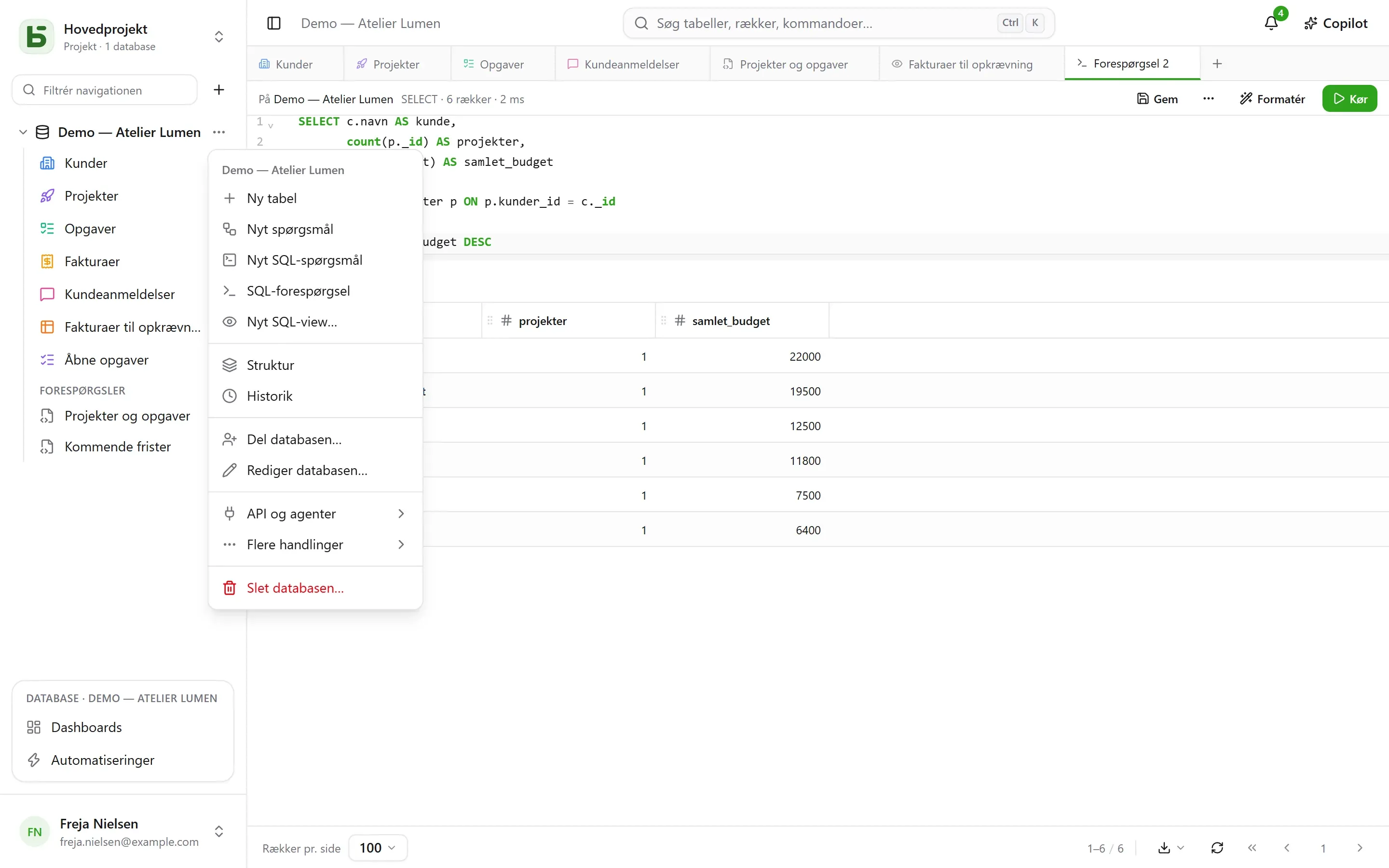 Menuen for en database