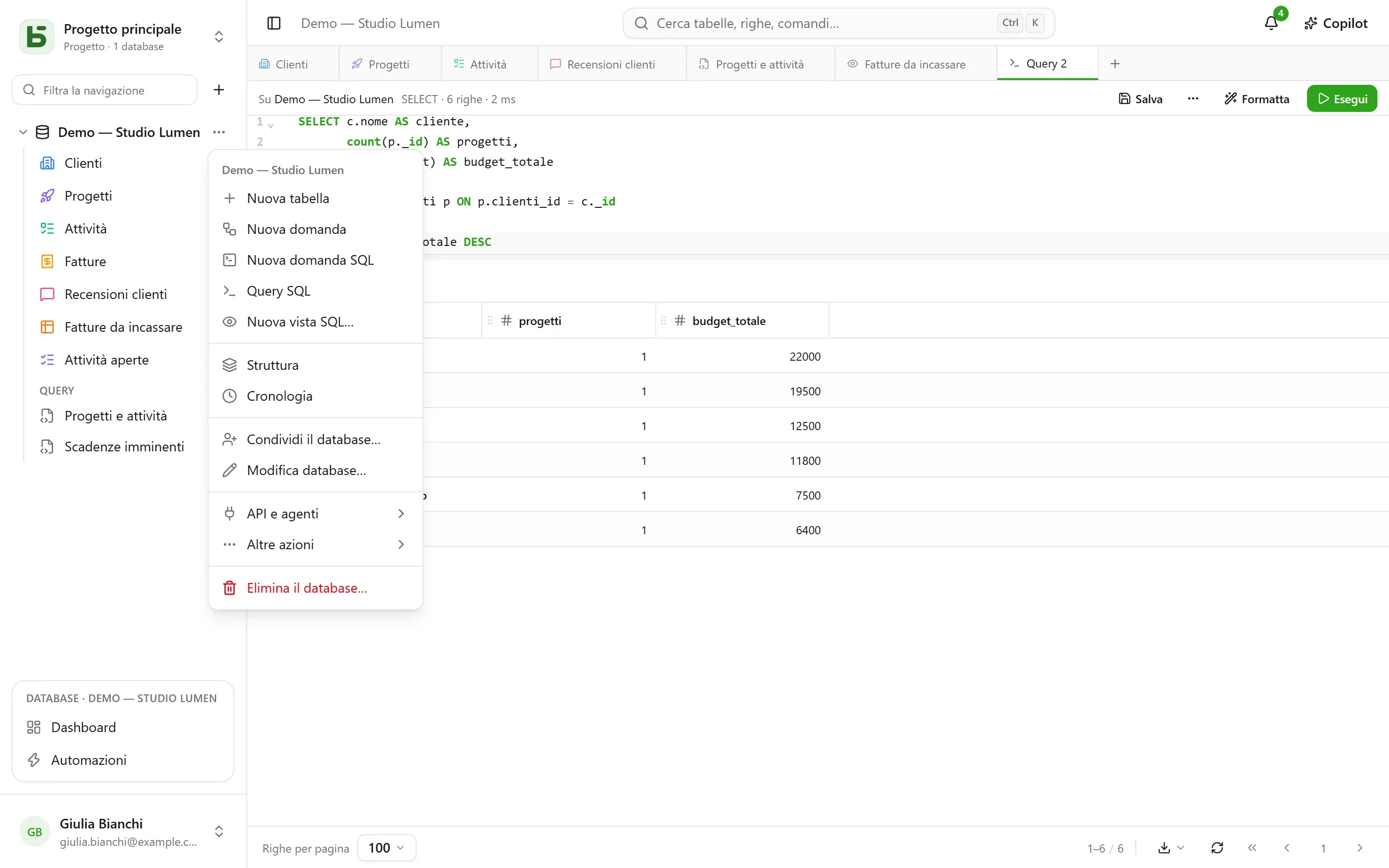 Menu di un database