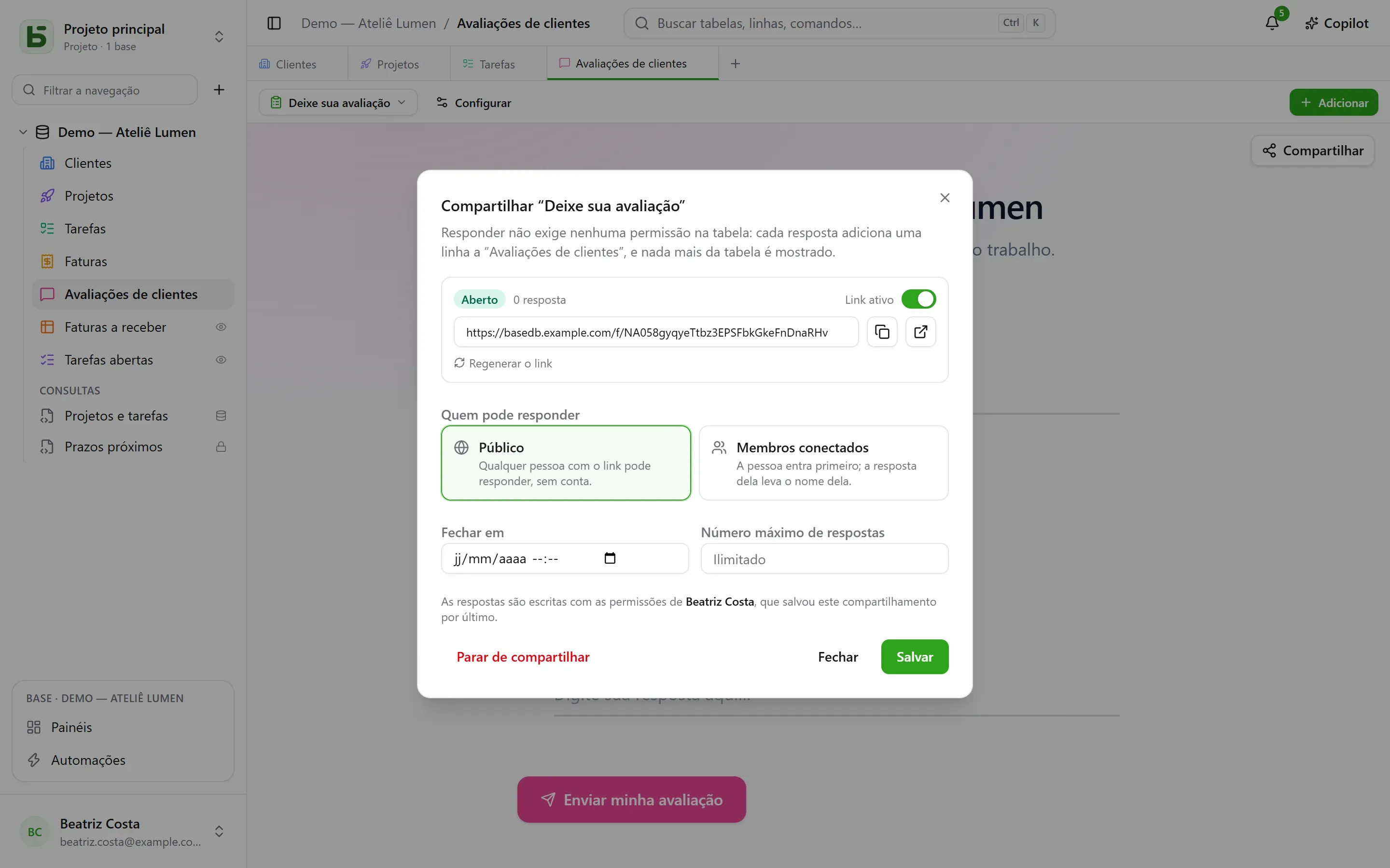 A caixa de diálogo de compartilhamento