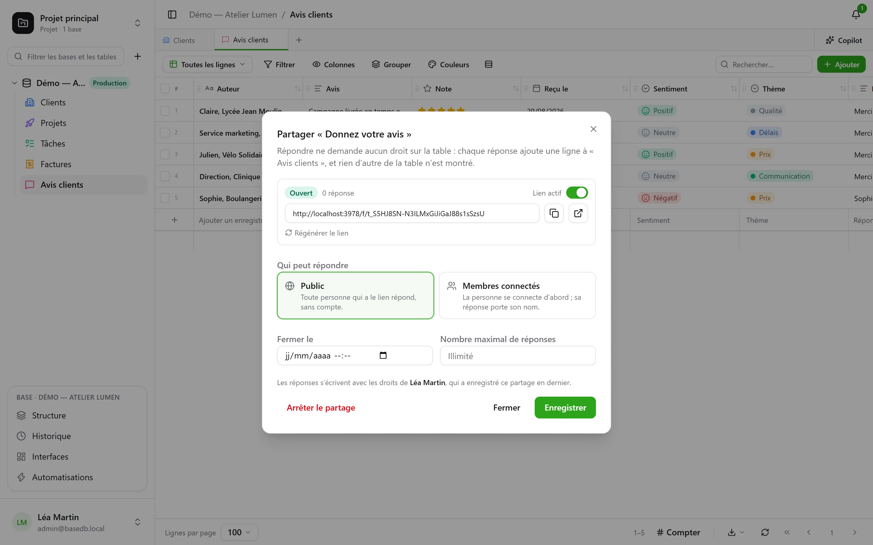 basedb — formulaire : Un formulaire se partage par un lien, public ou réservé aux membres connectés.