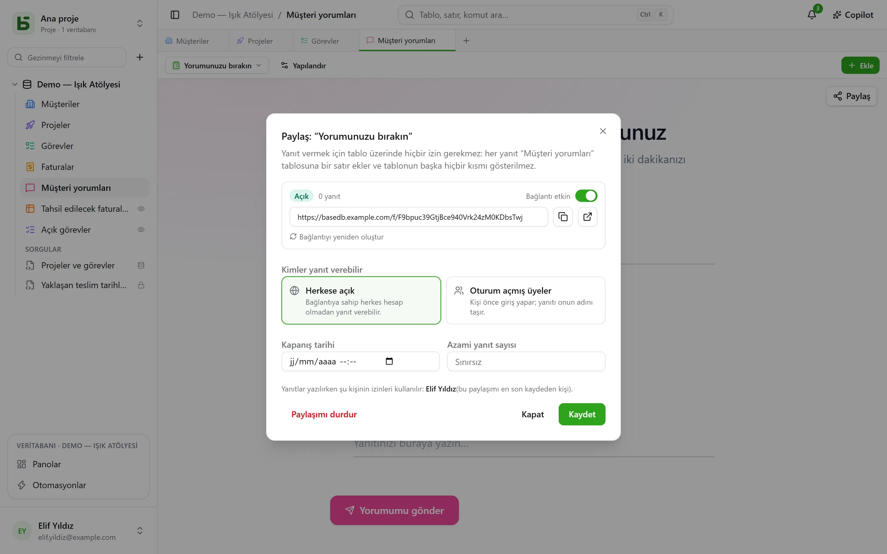 basedb — form: Bir form, herkese açık ya da oturum açmış üyelere ayrılmış bir bağlantıyla paylaşılır.