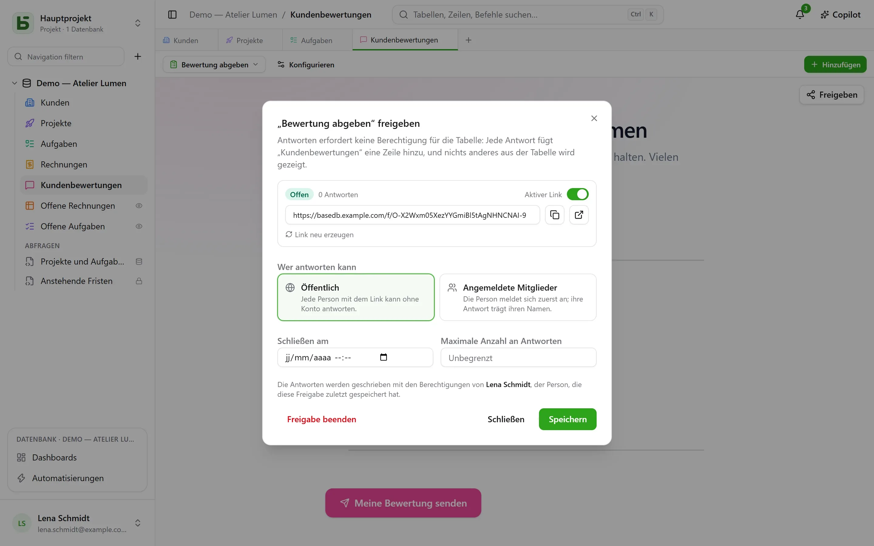 basedb – formular: Ein Formular wird per Link freigegeben, öffentlich oder nur für angemeldete Mitglieder.