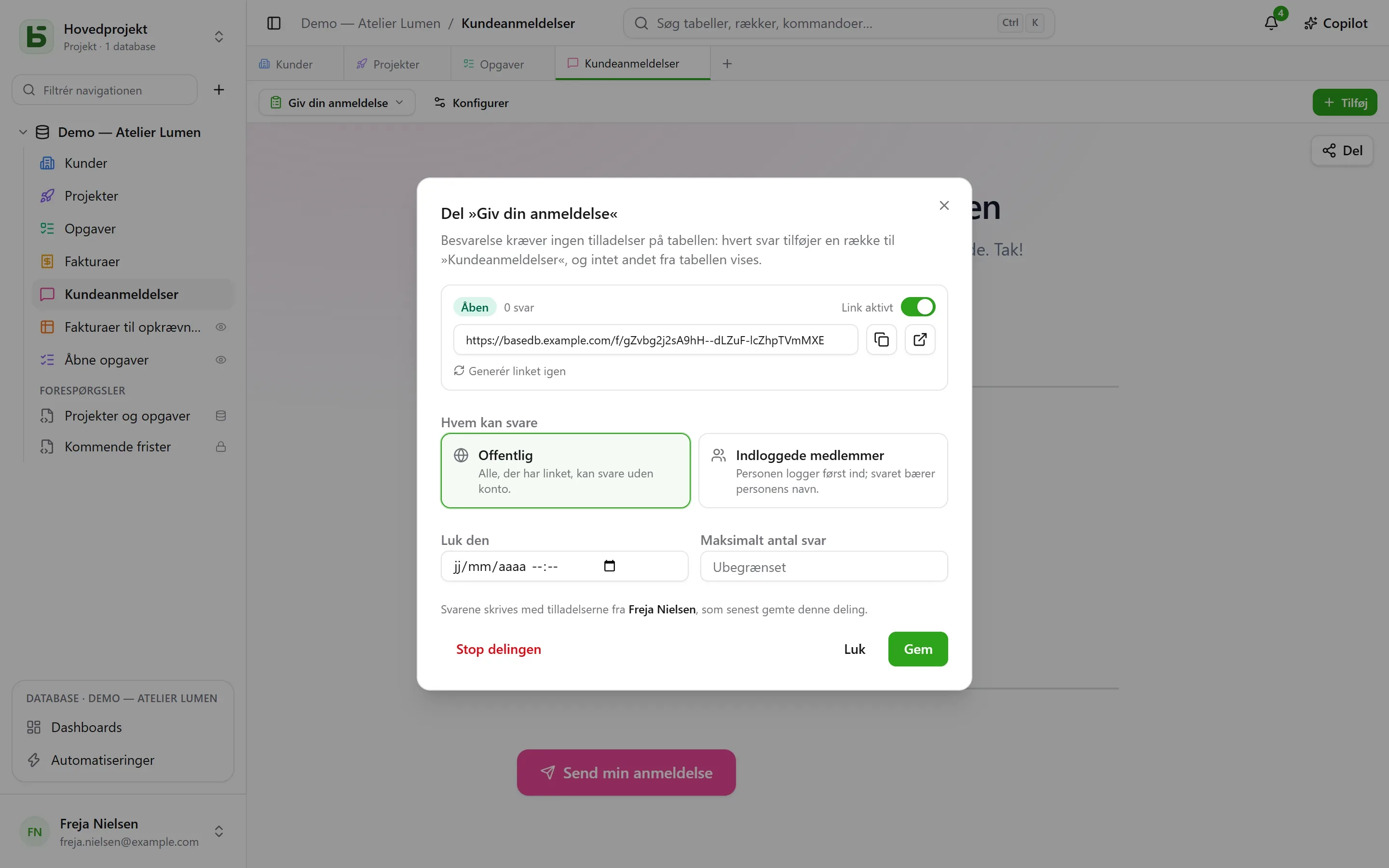 basedb — formular: En formular deles via et link, offentligt eller forbeholdt indloggede medlemmer.