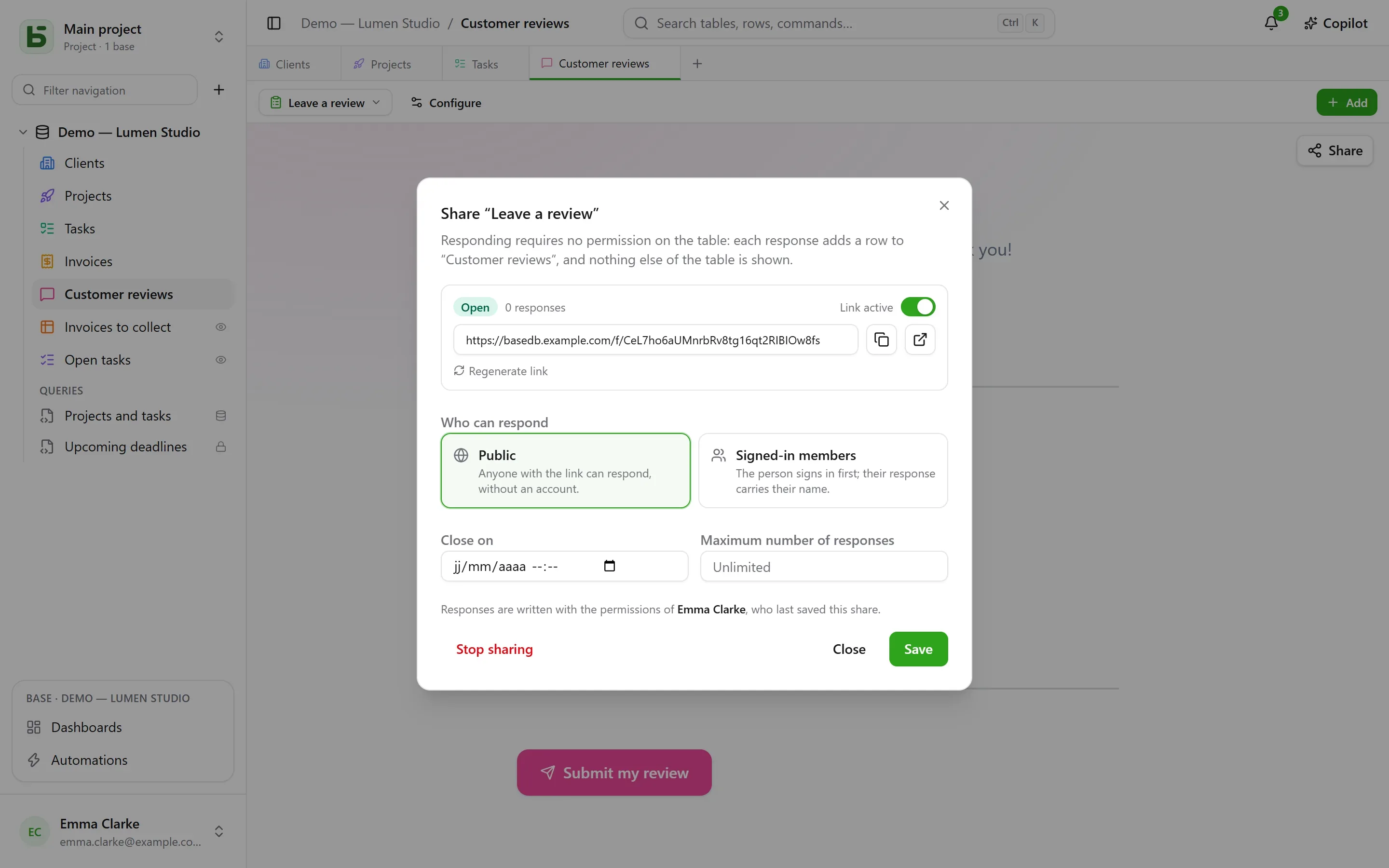 basedb — form: A form is shared through a link, public or restricted to signed-in members.