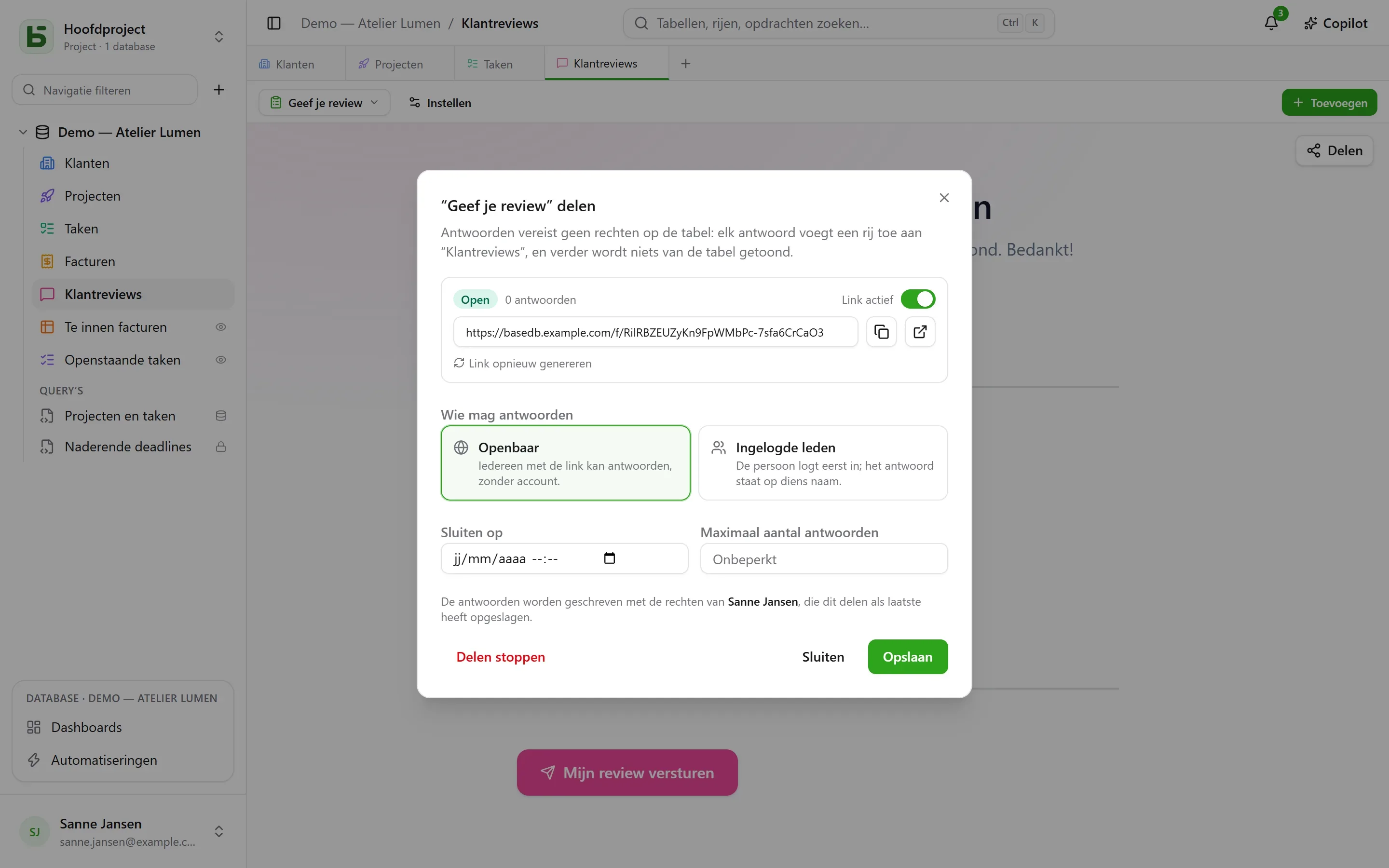 basedb — formulier: Een formulier deel je via een link, openbaar of alleen voor ingelogde leden.