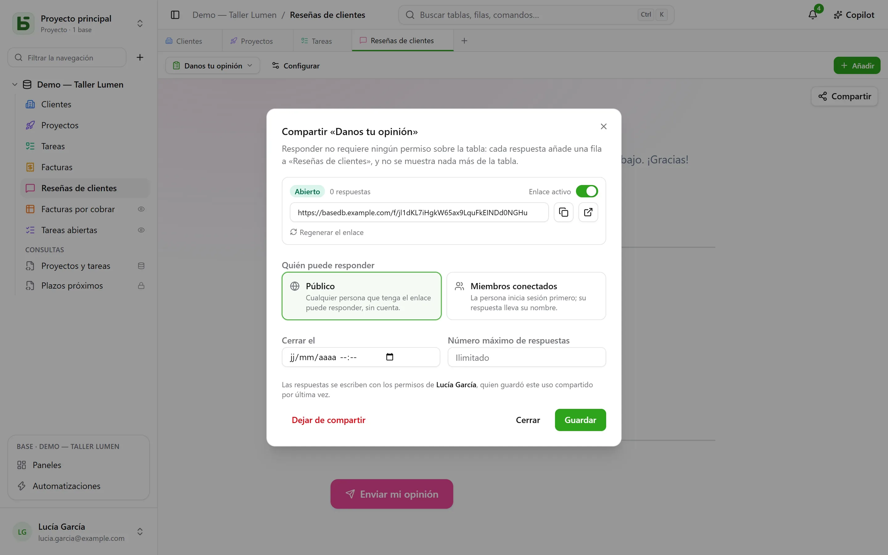basedb — formulario: Un formulario se comparte mediante un enlace, público o reservado a los miembros conectados.