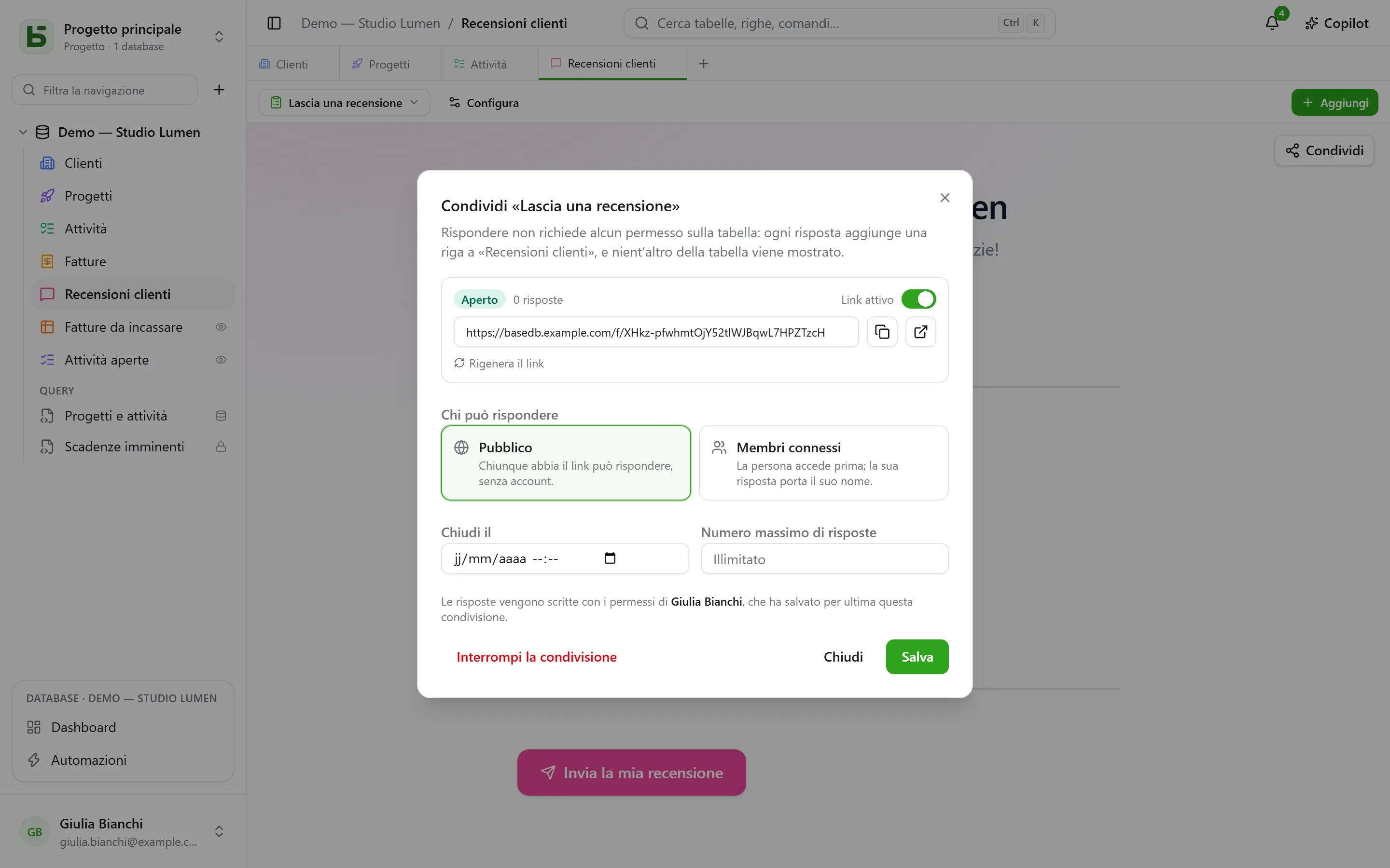 basedb — modulo: Un modulo si condivide tramite un link, pubblico o riservato ai membri connessi.