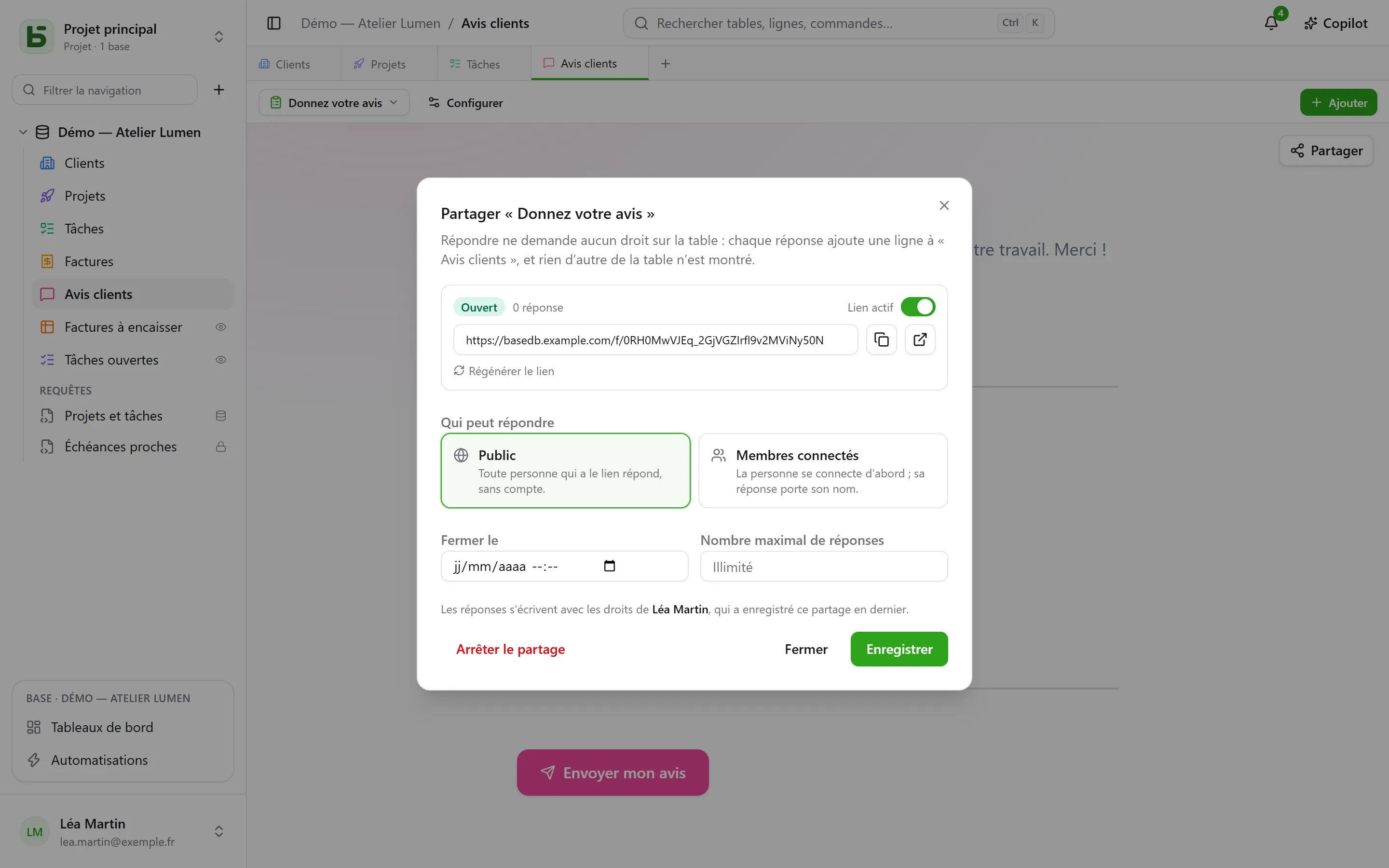 basedb — formulaire : Un formulaire se partage par un lien, public ou réservé aux membres connectés.